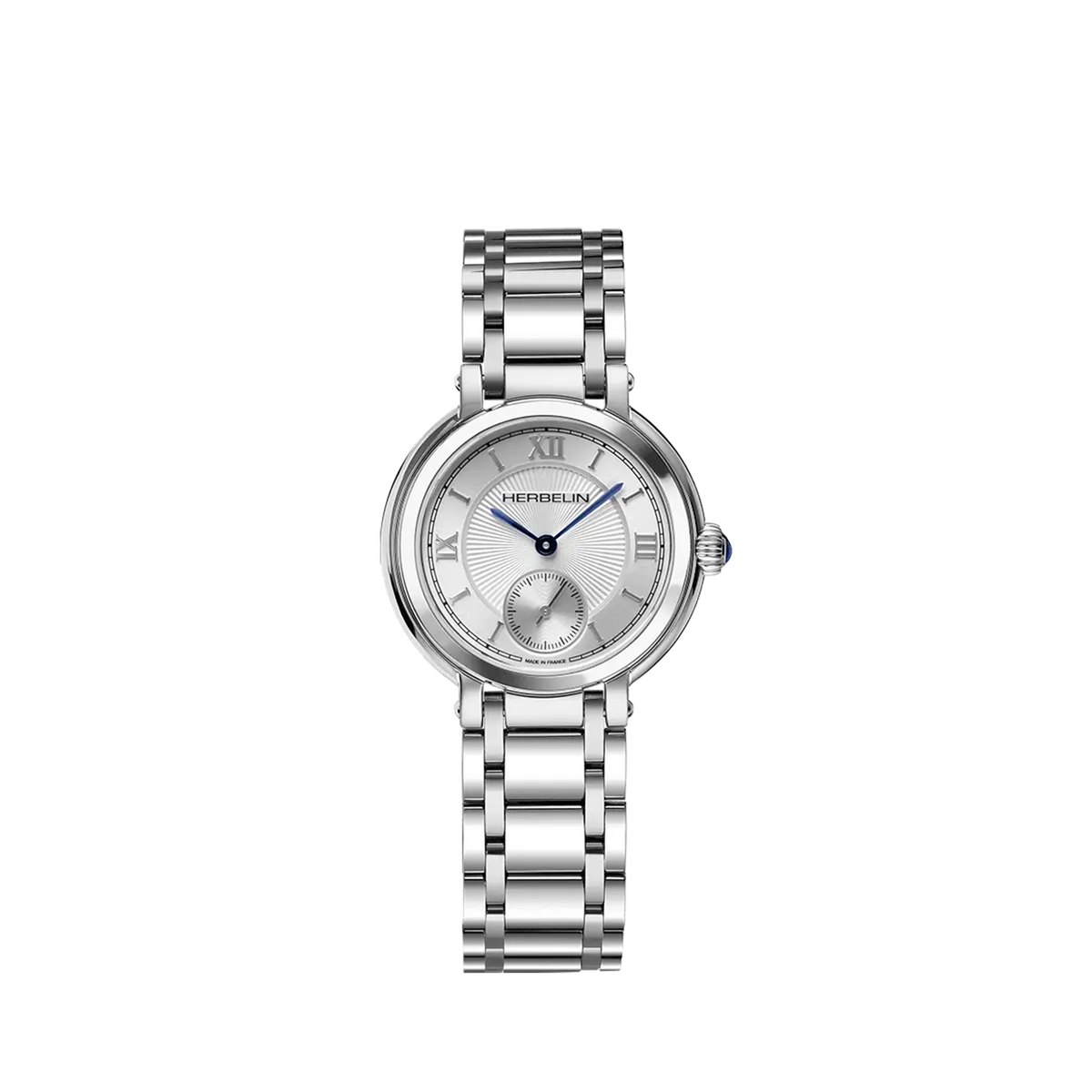 ⁣⁢Galet, esfera plateada guilloché, caja de acero redonda, brazalete de acero⁤⁣