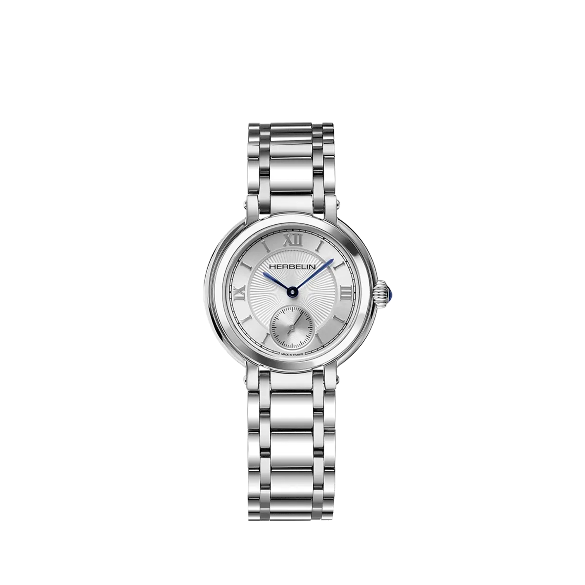 Galet, cadran argent guilloché, boîtier acier rond, bracelet acier