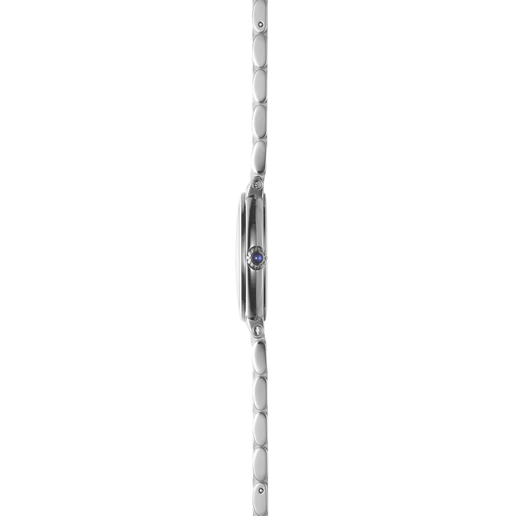 Vue de profil, tranche acier, couronne et attaches du bracelet acier