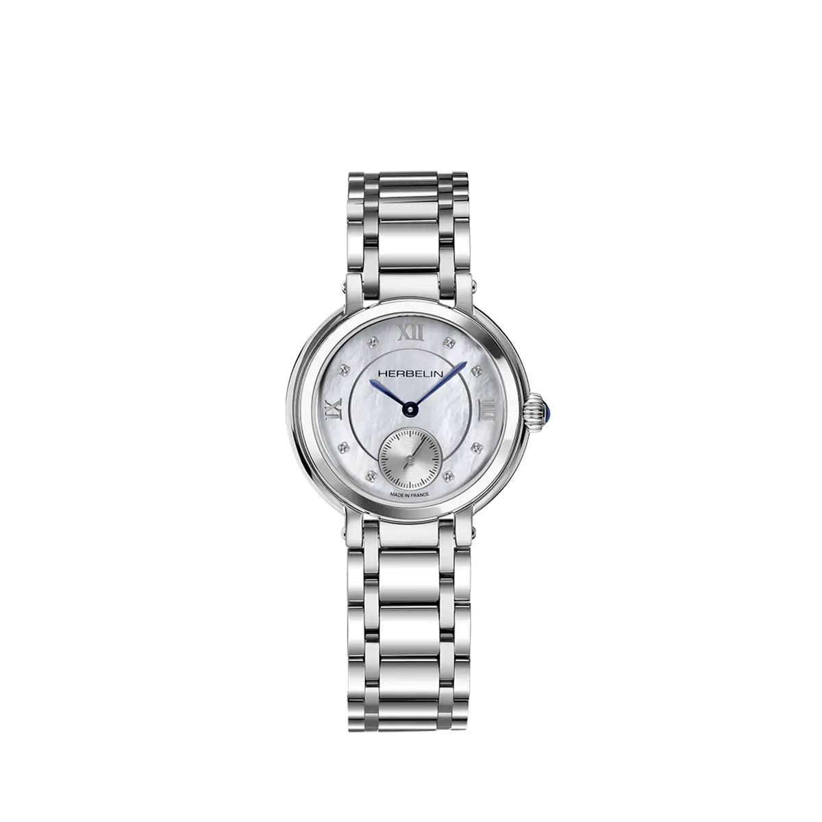 ⁣⁢Galet, esfera nácar blanco, caja acero redonda, brazalete acero⁤⁣