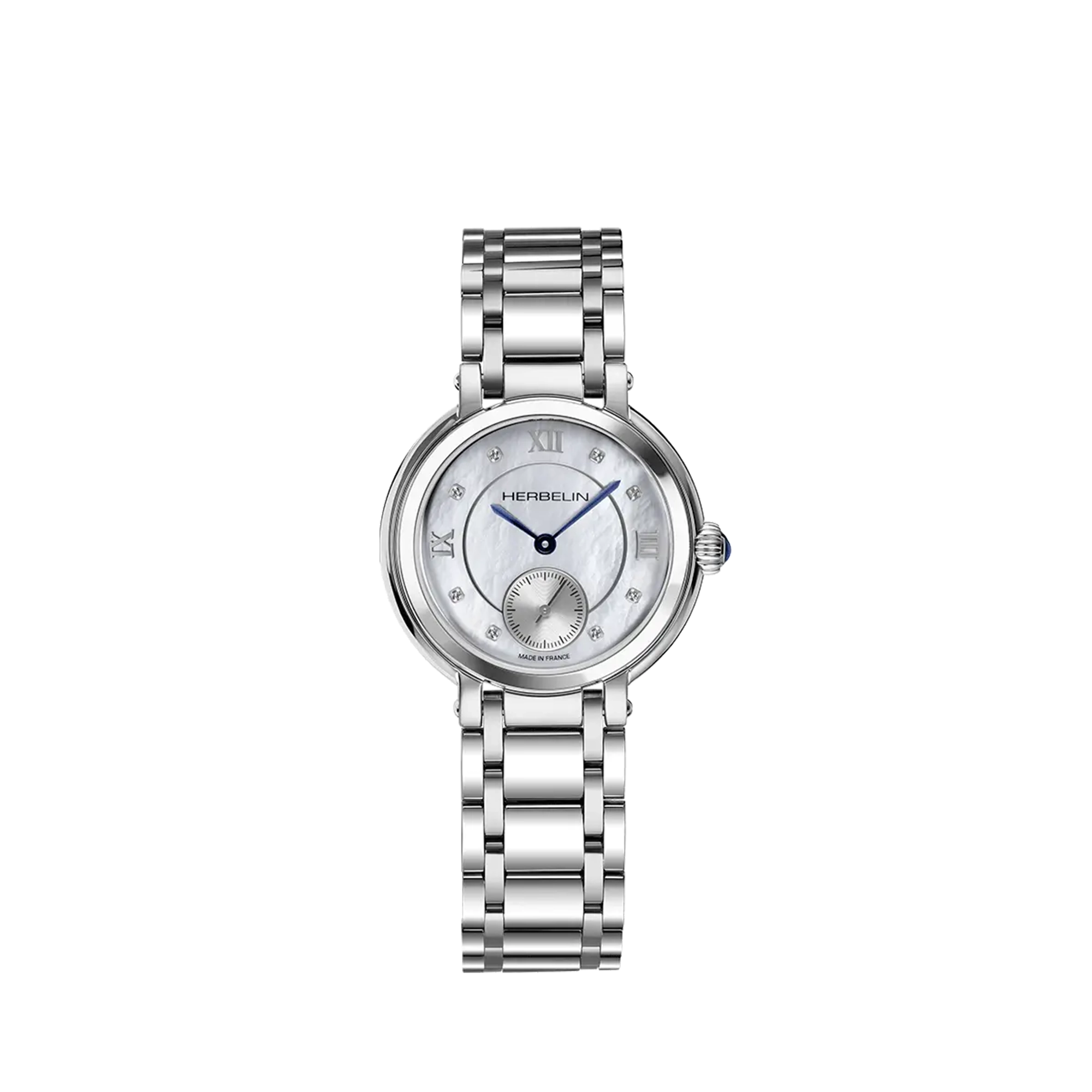 Galet, cadran nacre blanche, boîtier acier rond, bracelet acier