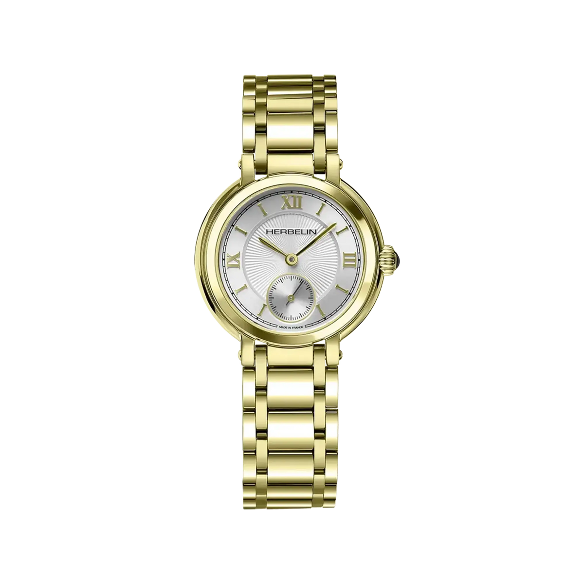 ⁣⁢Galet, esfera plata guilloché, caja acero PVD oro amarillo redonda, brazalete acero bicolor⁤⁣