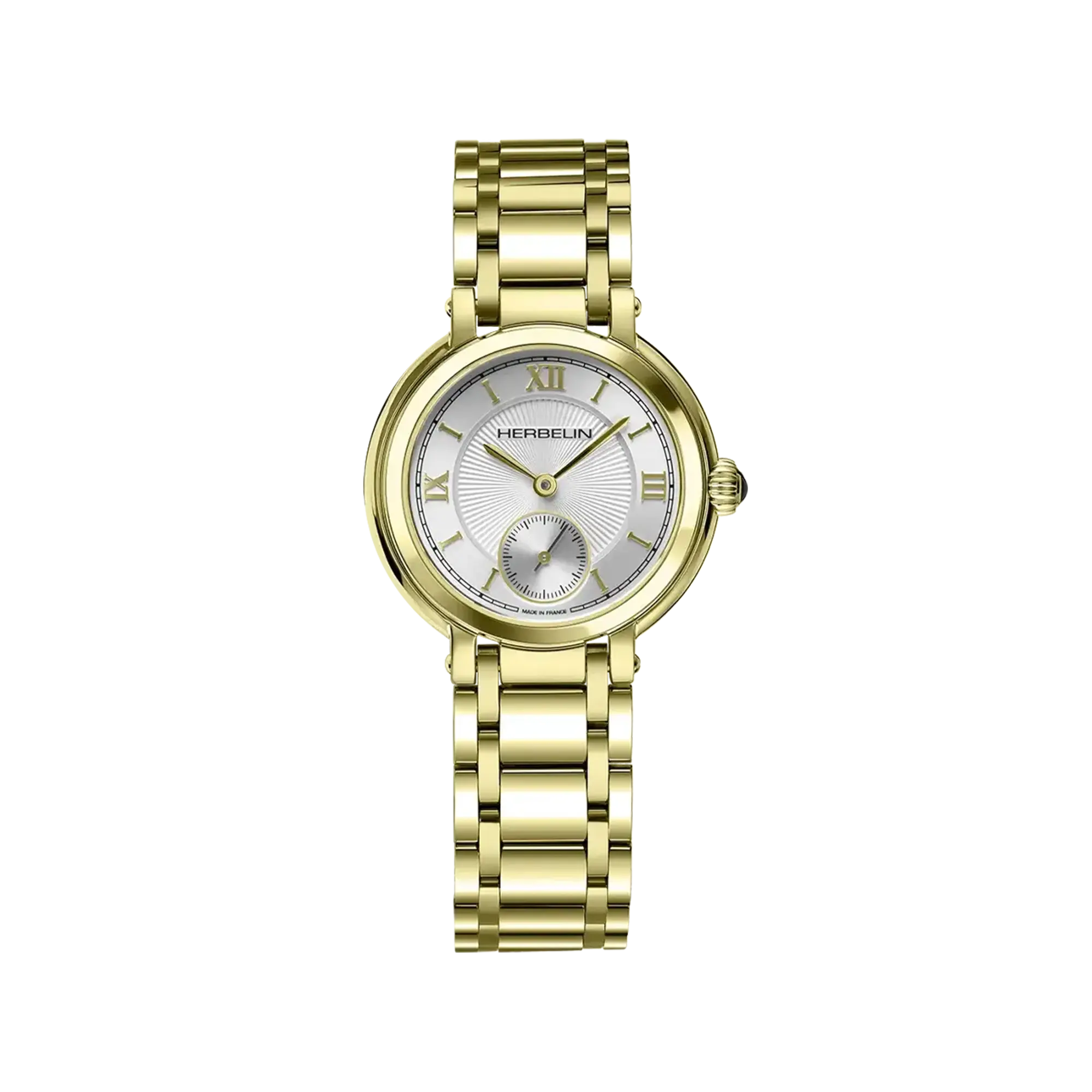 Galet, cadran argent guilloché, boîtier acier PVD or jaune rond, bracelet acier bicolore