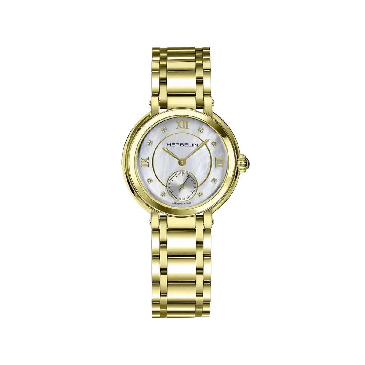 ⁣⁢Galet, esfera nácar blanco, caja acero PVD oro amarillo redonda, brazalete acero bicolor⁤⁣