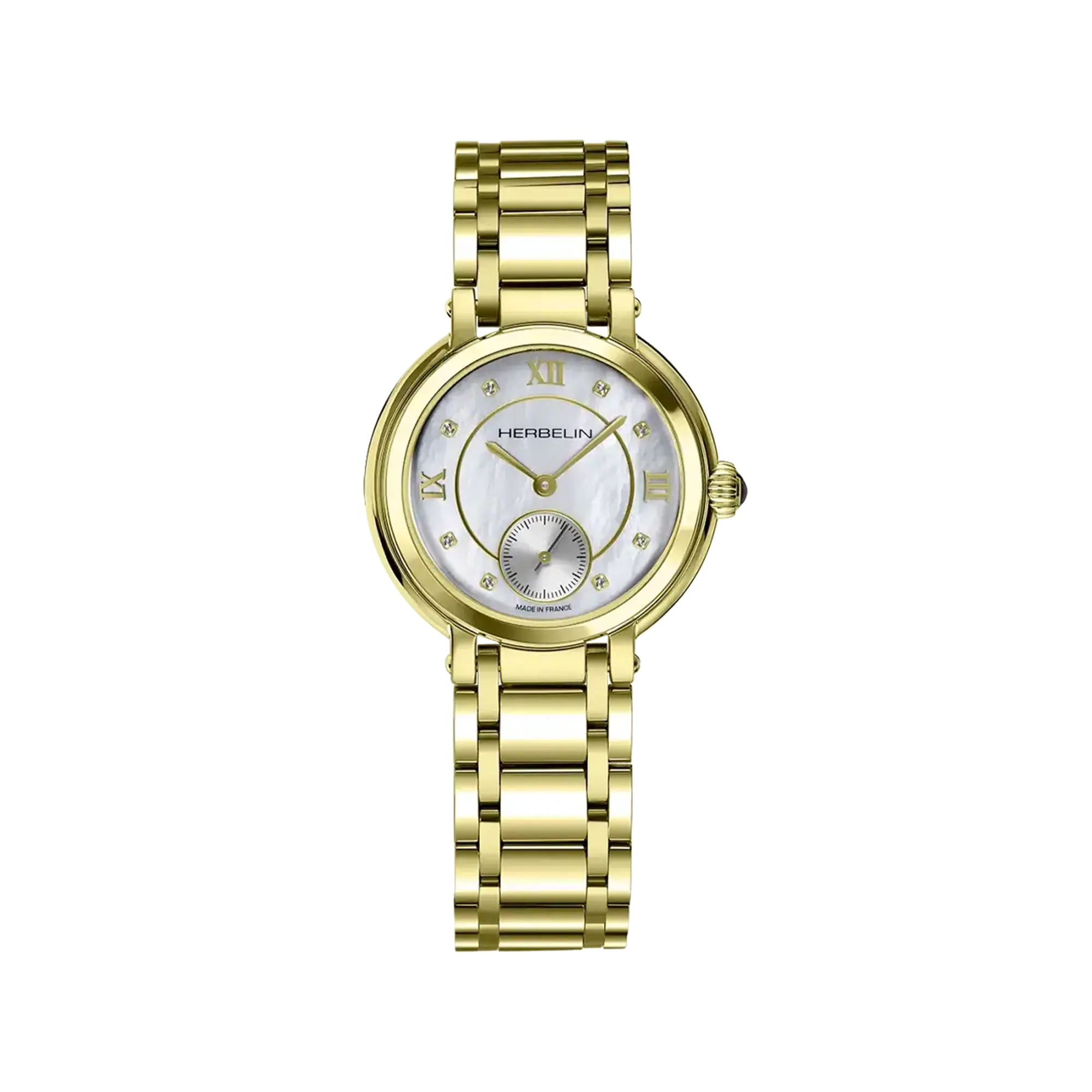 Galet, cadran nacre blanche, boîtier acier PVD or jaune rond, bracelet acier bicolore