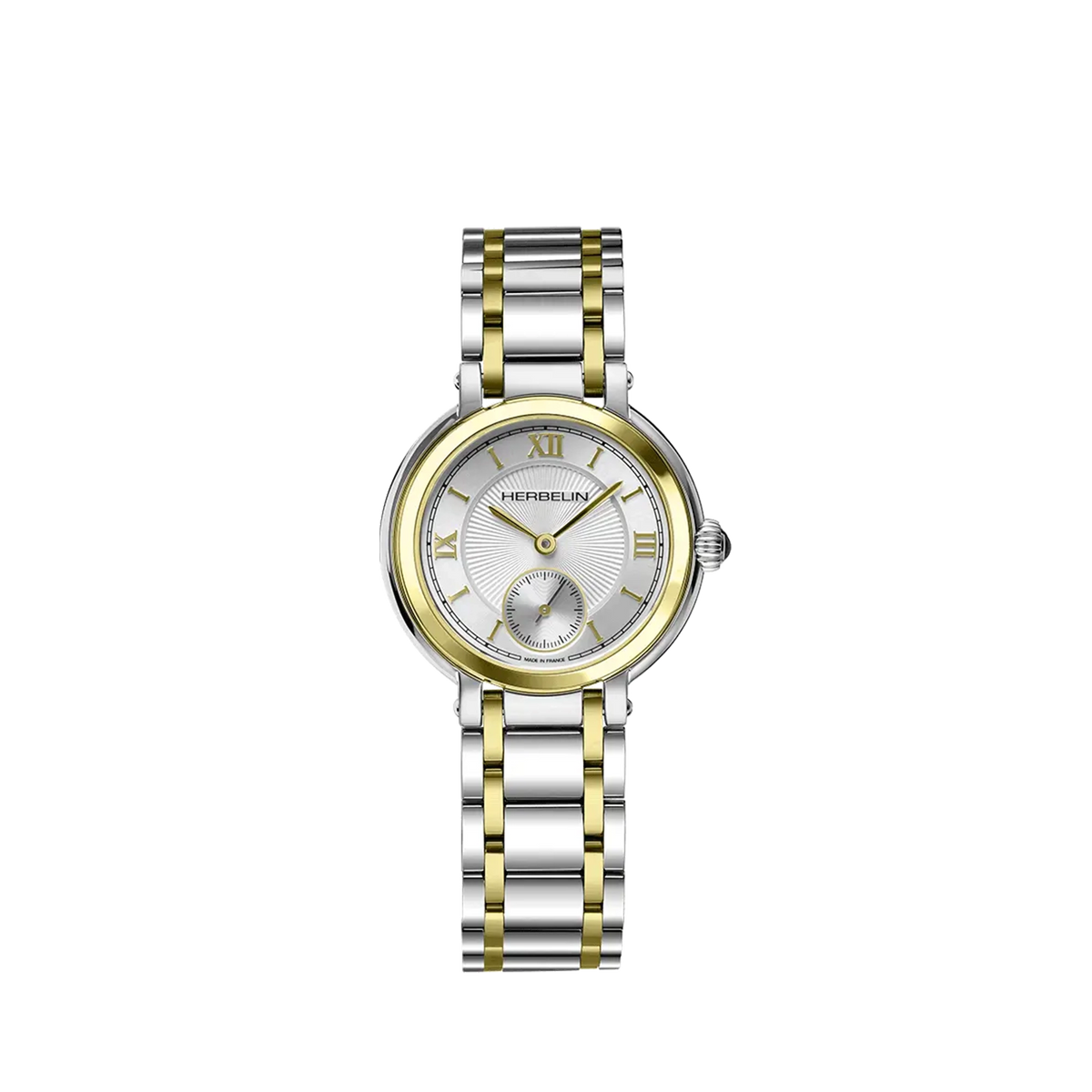 ⁣⁢Galet, esfera plata guilloché, caja acero PVD oro amarillo redonda, brazalete acero bicolor⁤⁣