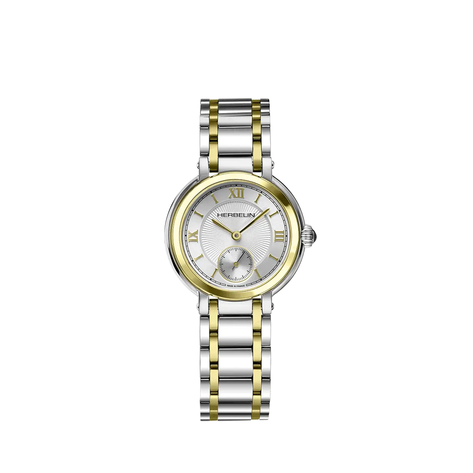 Galet, cadran argent guilloché, boîtier acier PVD or jaune rond, bracelet acier bicolore