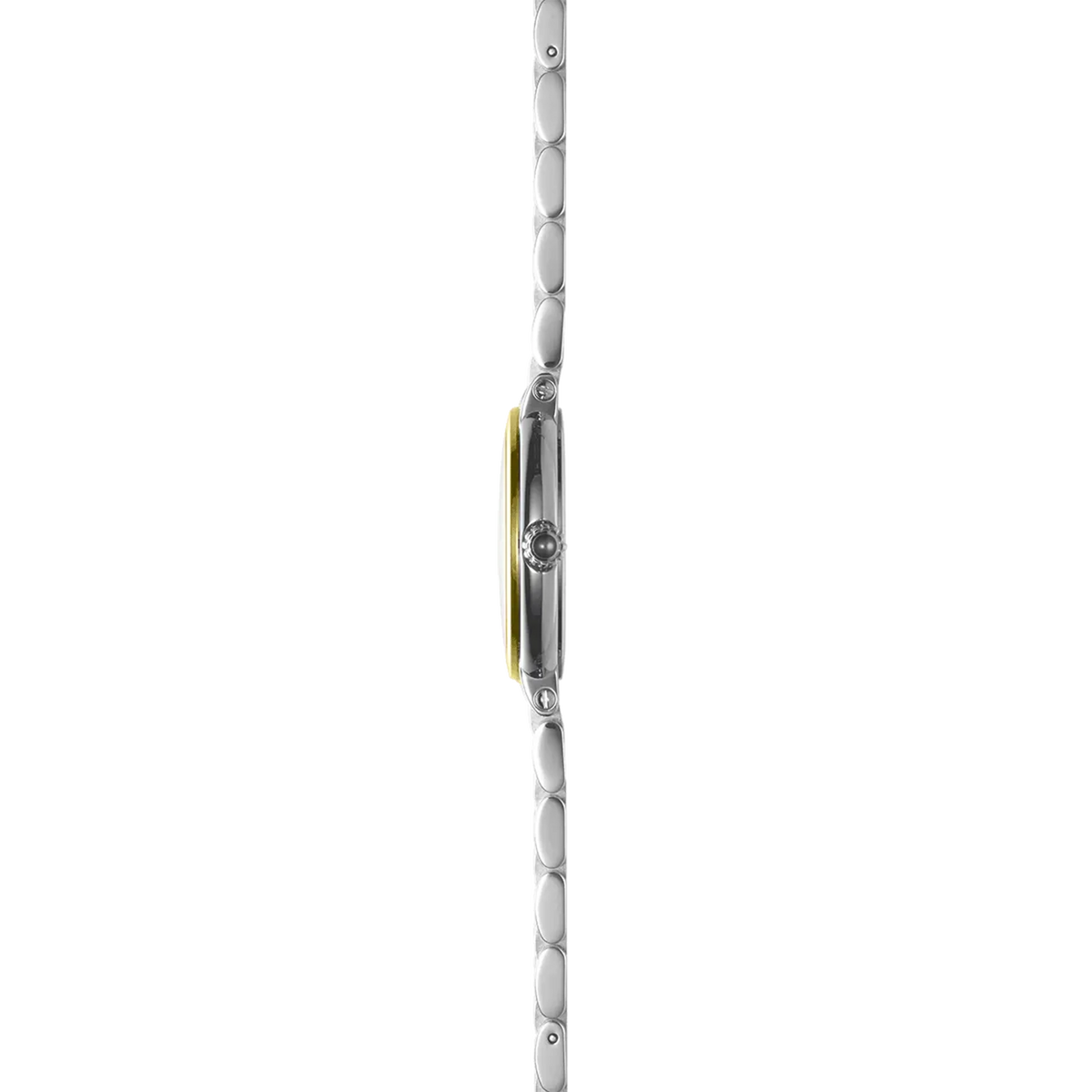 ⁣⁢Vista de perfil, canto de acero PVD oro amarillo, corona y asas del brazalete de acero bicolor⁤⁣