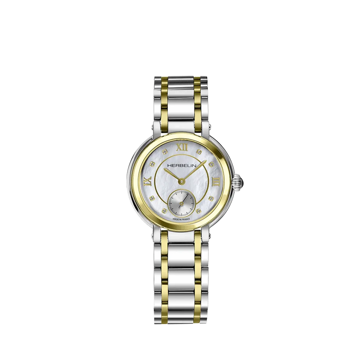 ⁣⁢Galet, esfera nácar blanco, caja acero PVD oro amarillo redonda, brazalete acero bicolor⁤⁣
