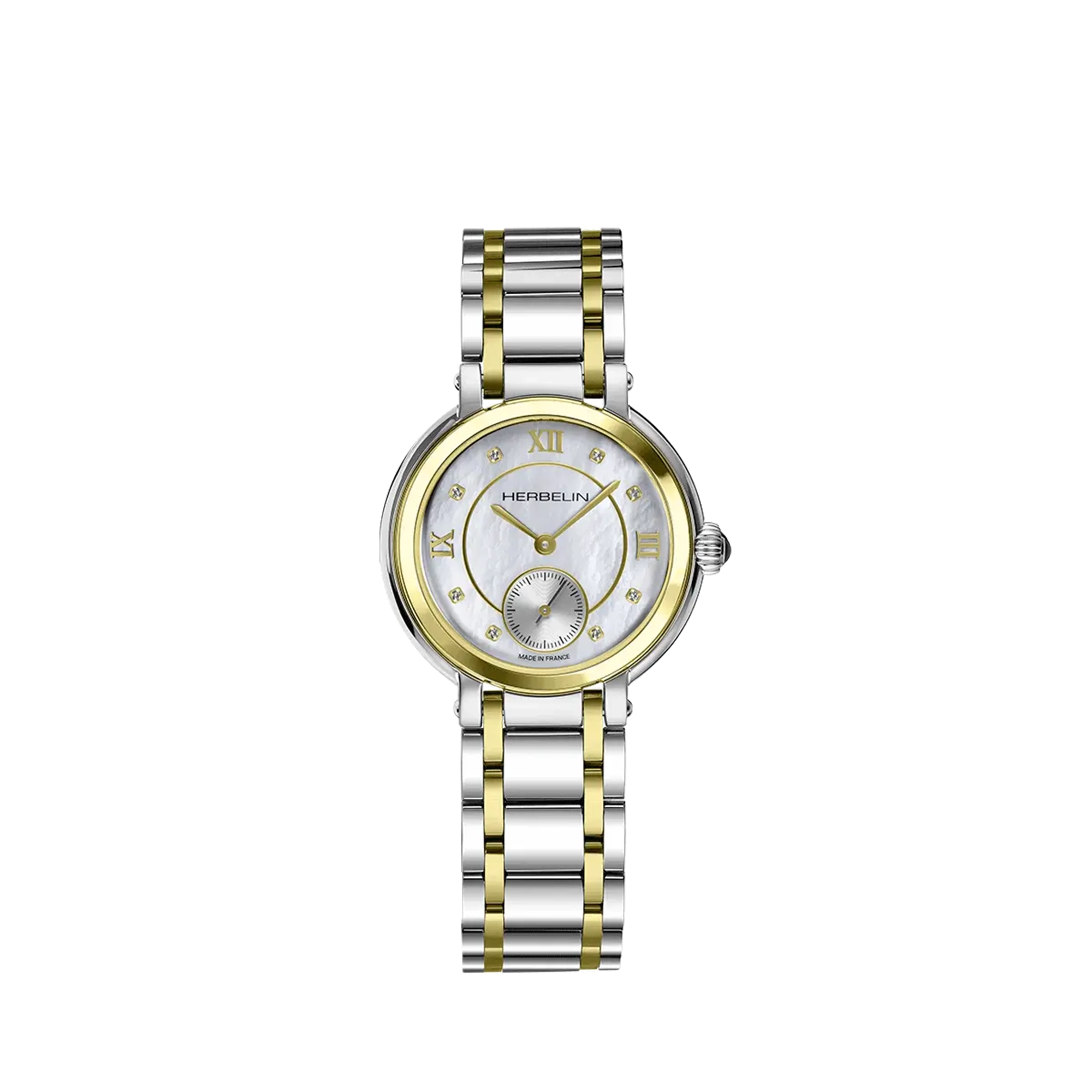 Galet, cadran nacre blanche, boîtier acier PVD or jaune rond, bracelet acier bicolore
