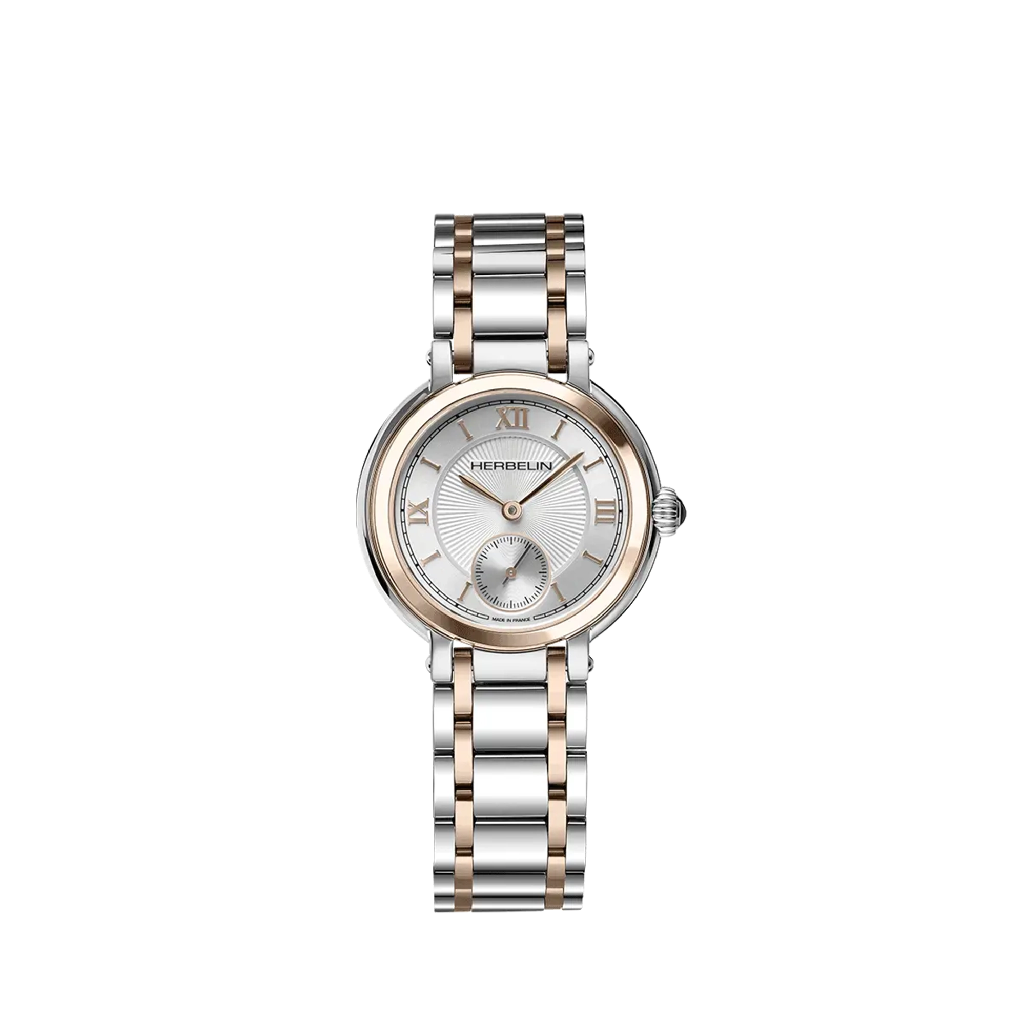 Galet, cadran argent guilloché, boîtier acier PVD or rose rond, bracelet acier PVD or rose