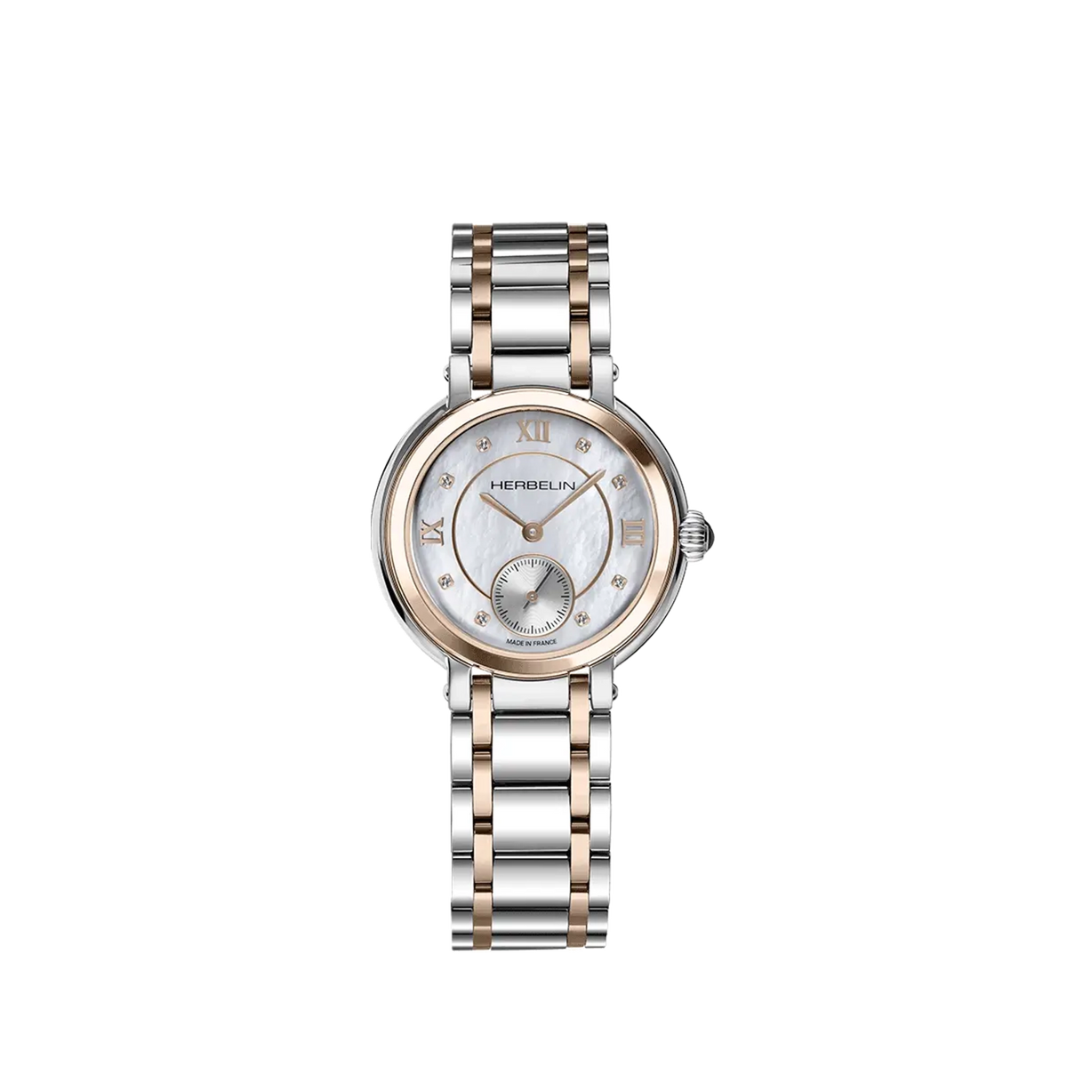 ⁣⁢Galet, esfera nácar blanco, caja acero PVD oro rosa redonda, brazalete acero PVD oro rosa⁤⁣