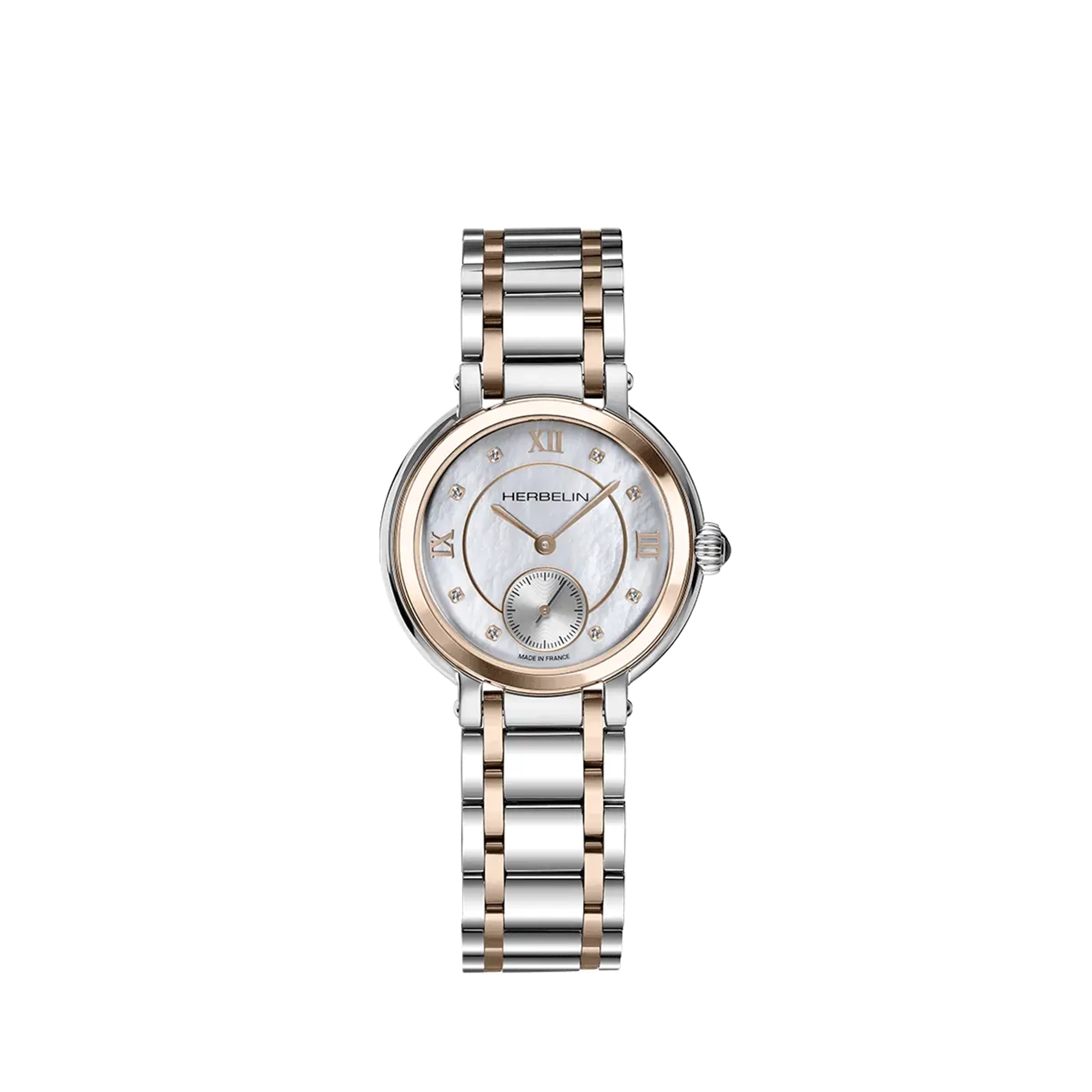 Galet, cadran nacre blanche, boîtier acier PVD or rose rond, bracelet acier PVD or rose