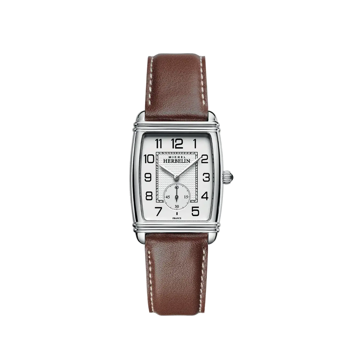 ⁣⁢Art Déco, silver guilloché dial, steel rectangular case, leather strap⁤⁣