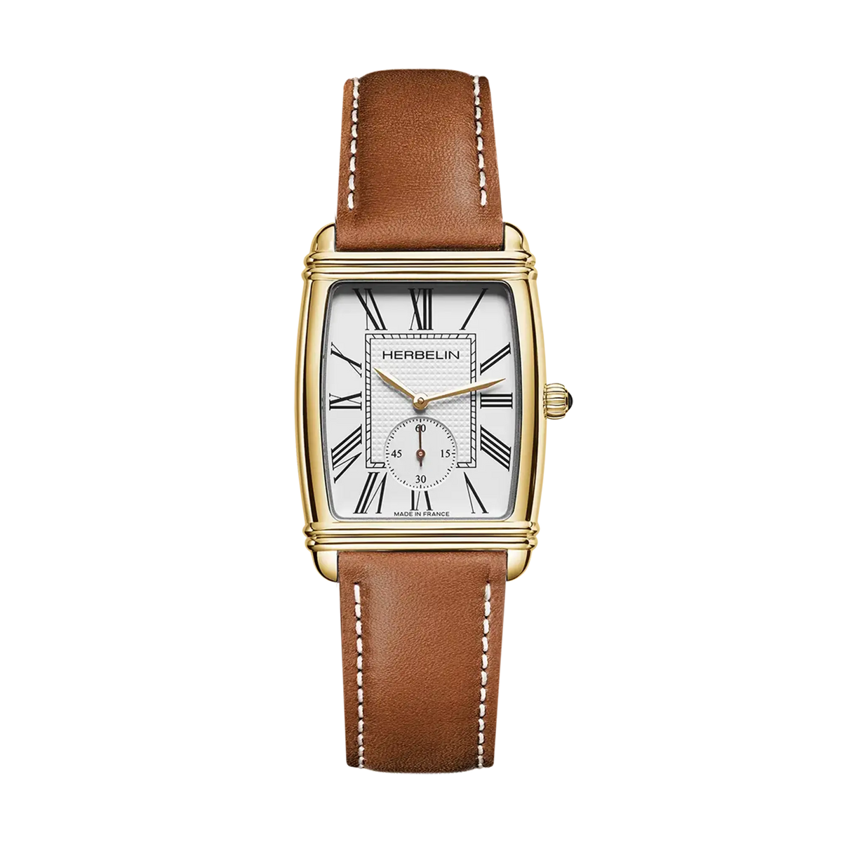 ⁣⁢Art Déco, esfera plateada blanca, caja rectangular de acero PVD oro amarillo, brazalete de piel⁤⁣
