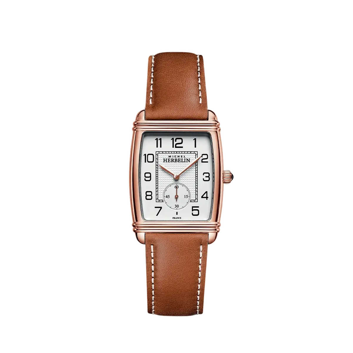 ⁣⁢Art Déco, silver guilloché dial, rose gold PVD steel rectangular case, leather strap⁤⁣