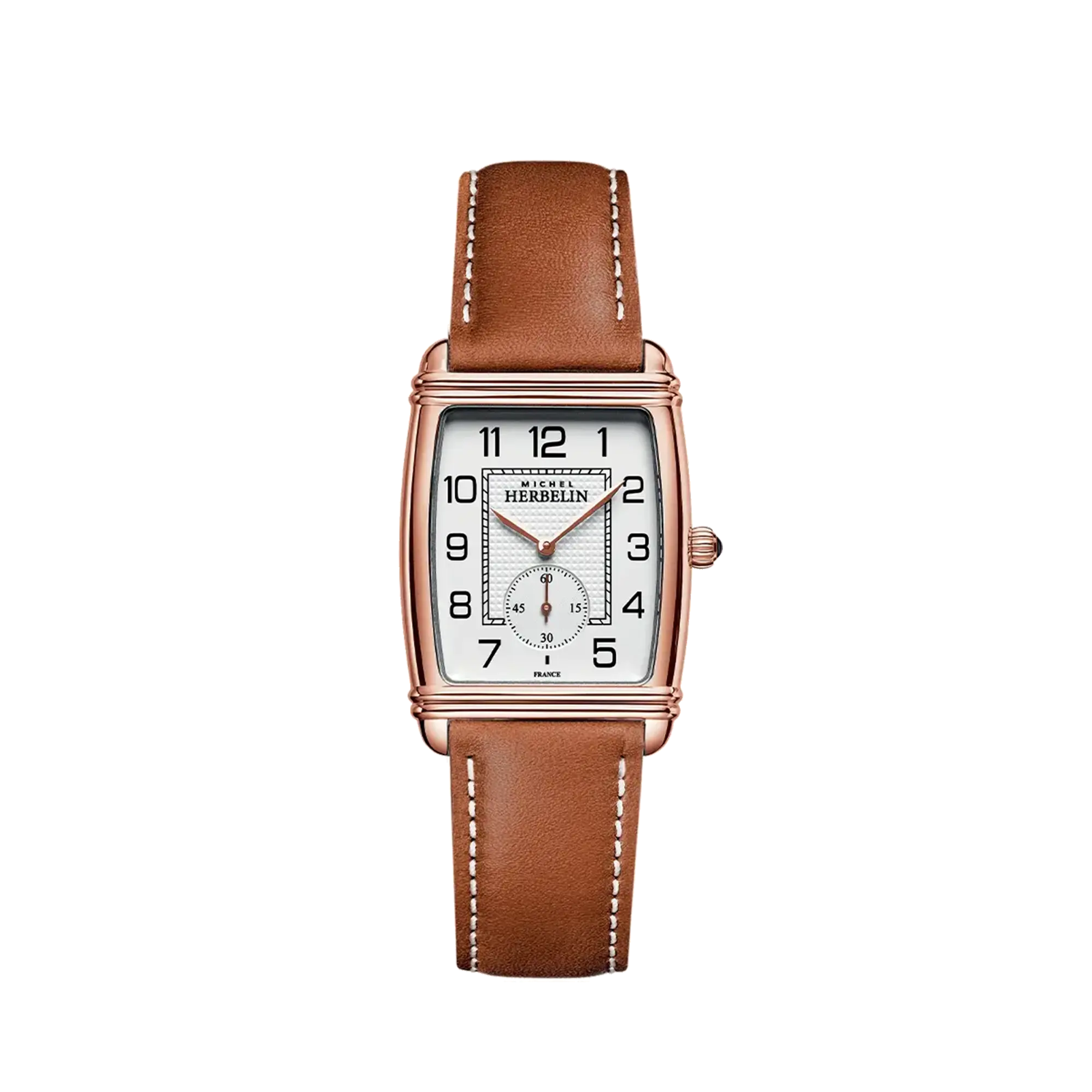 Art Déco, cadran argent guilloché, boîtier rectangle acier PVD or rose, bracelet cuir