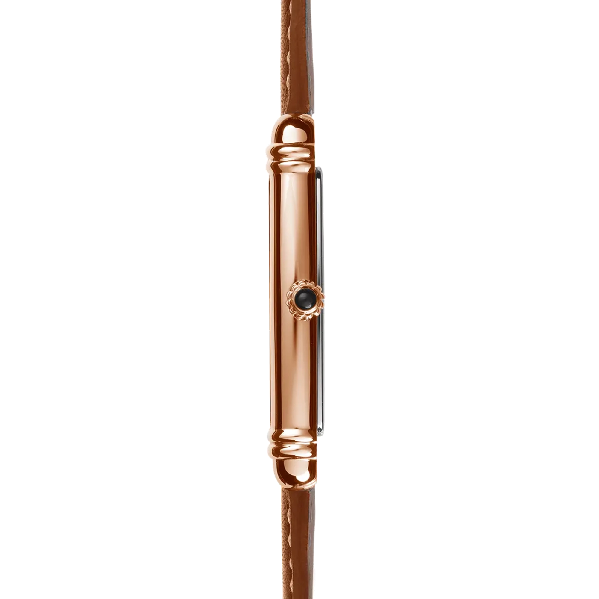 Vue de profil, tranche acier PVD or rose, couronne et attaches du bracelet cuir