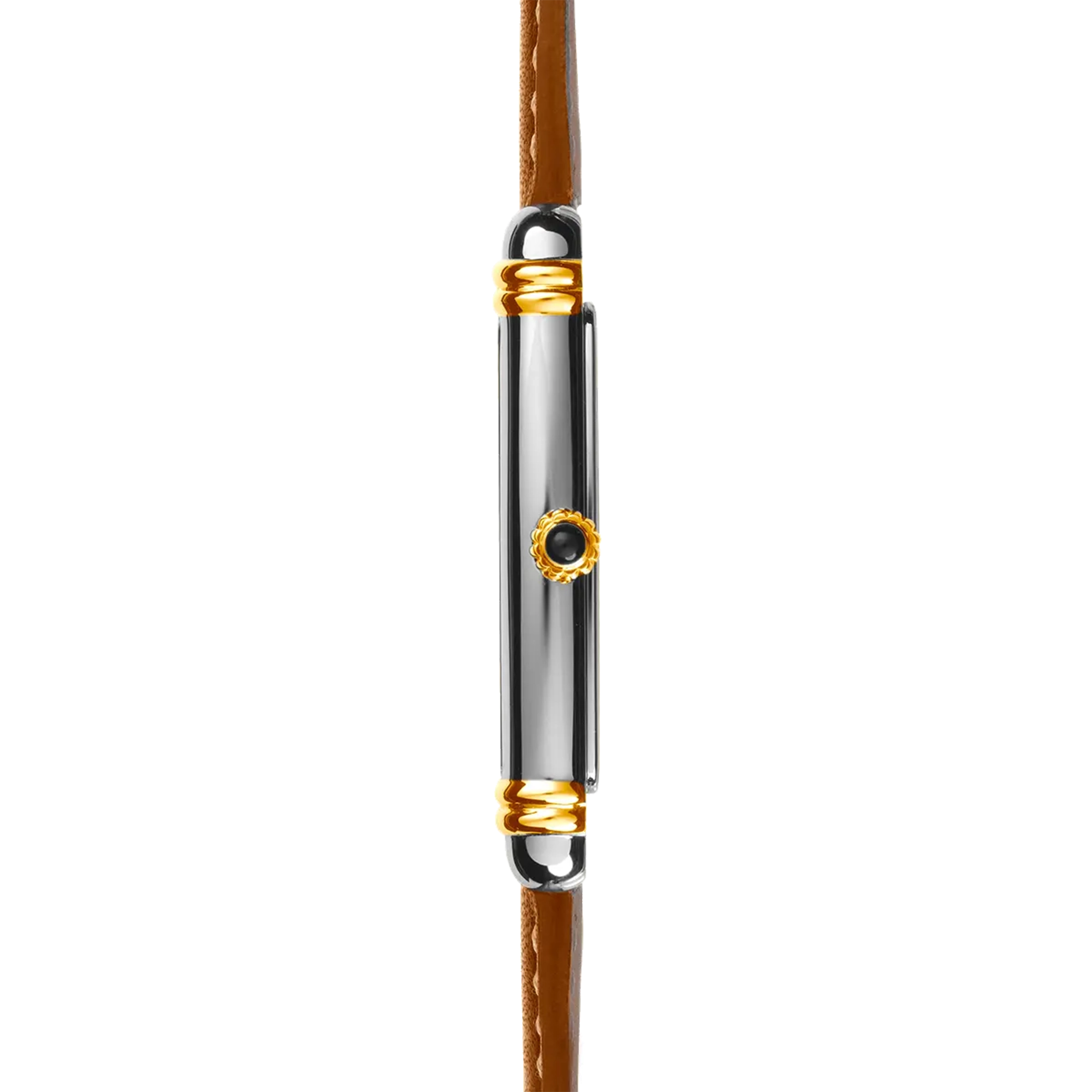 Vue de profil, tranche acier PVD or jaune, couronne et attaches du bracelet cuir