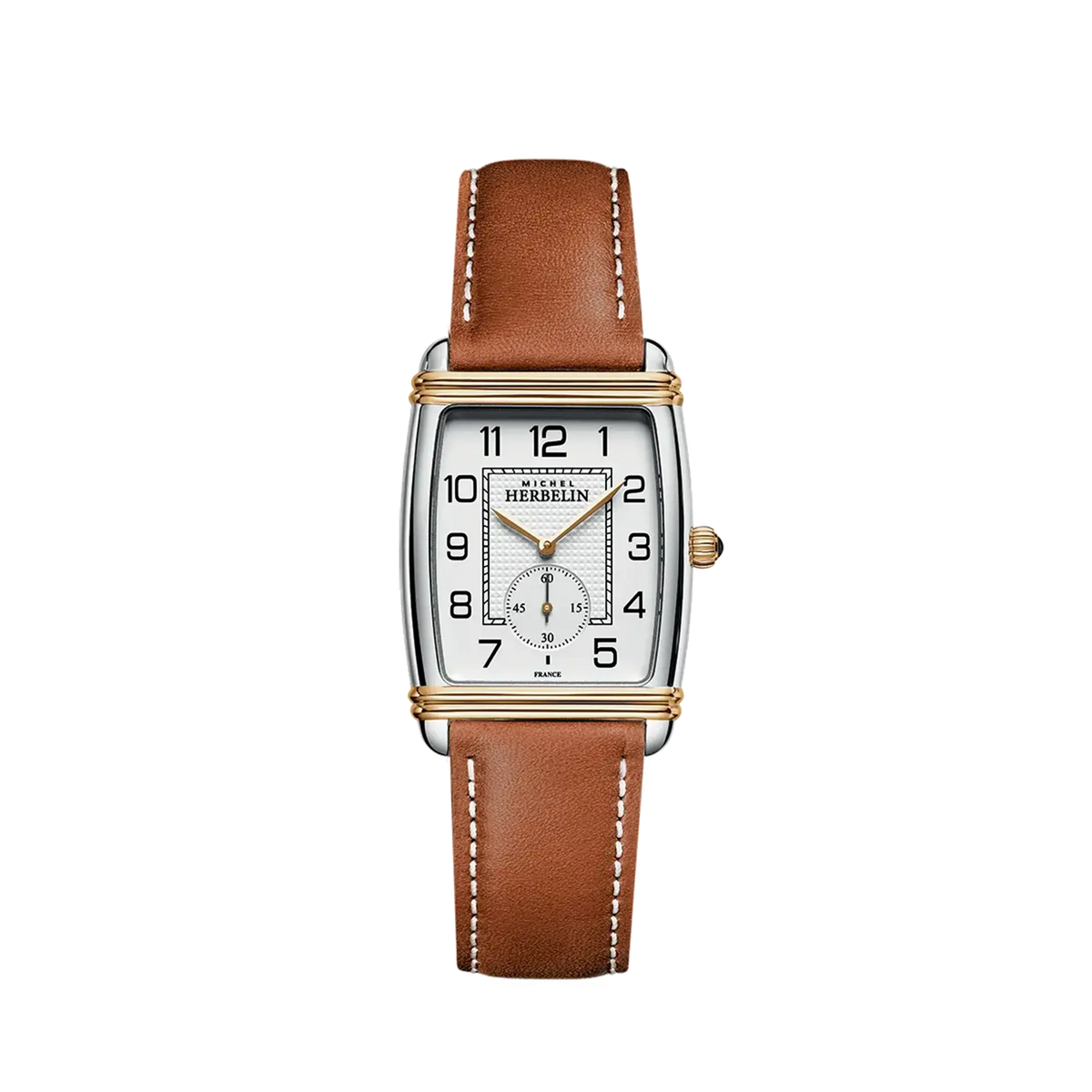 ⁣⁢Art Déco, guilloché silver dial, yellow gold PVD steel rectangular case, leather strap⁤⁣