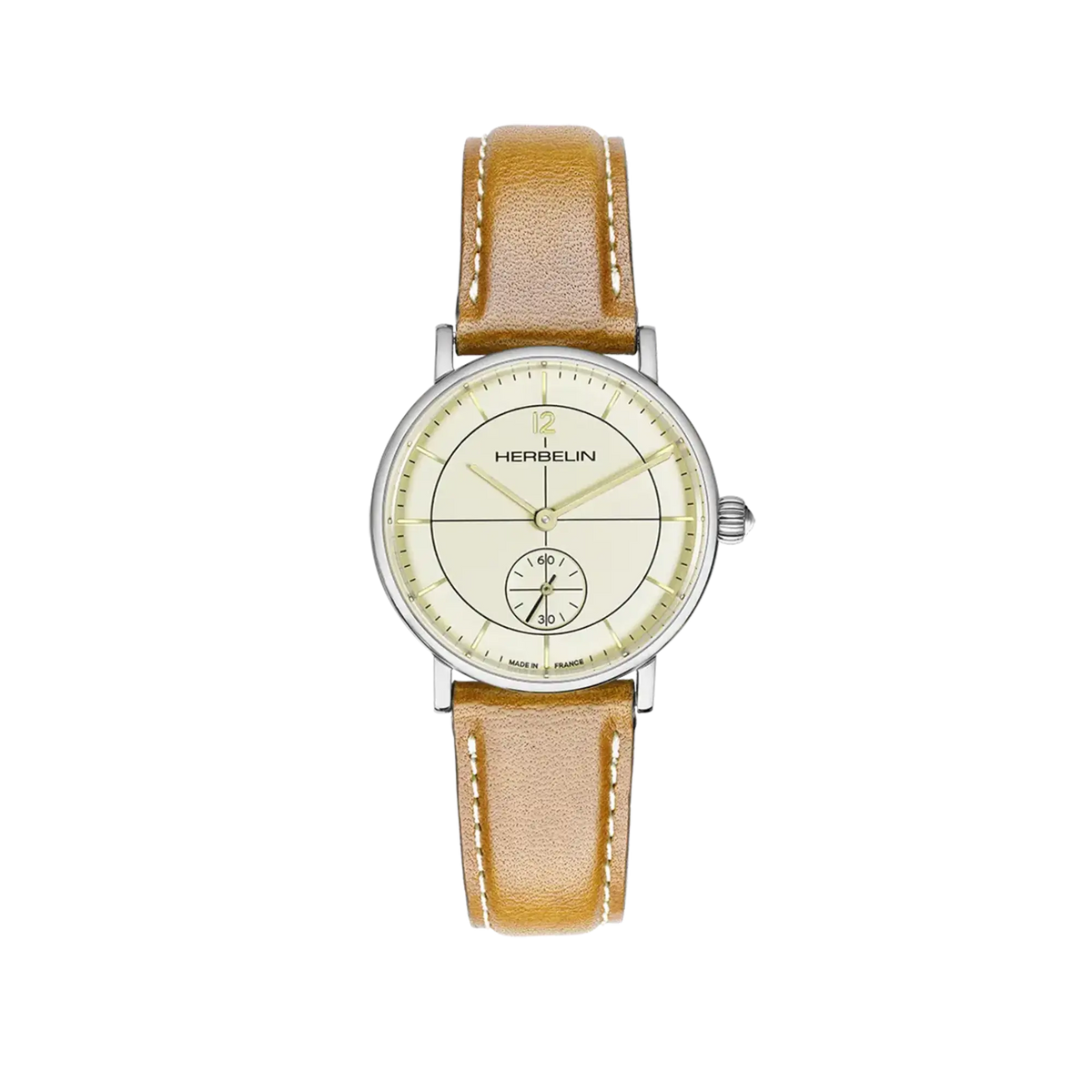 ⁣⁢Inspiration, esfera color marfil, caja redonda de acero, brazalete de piel⁤⁣