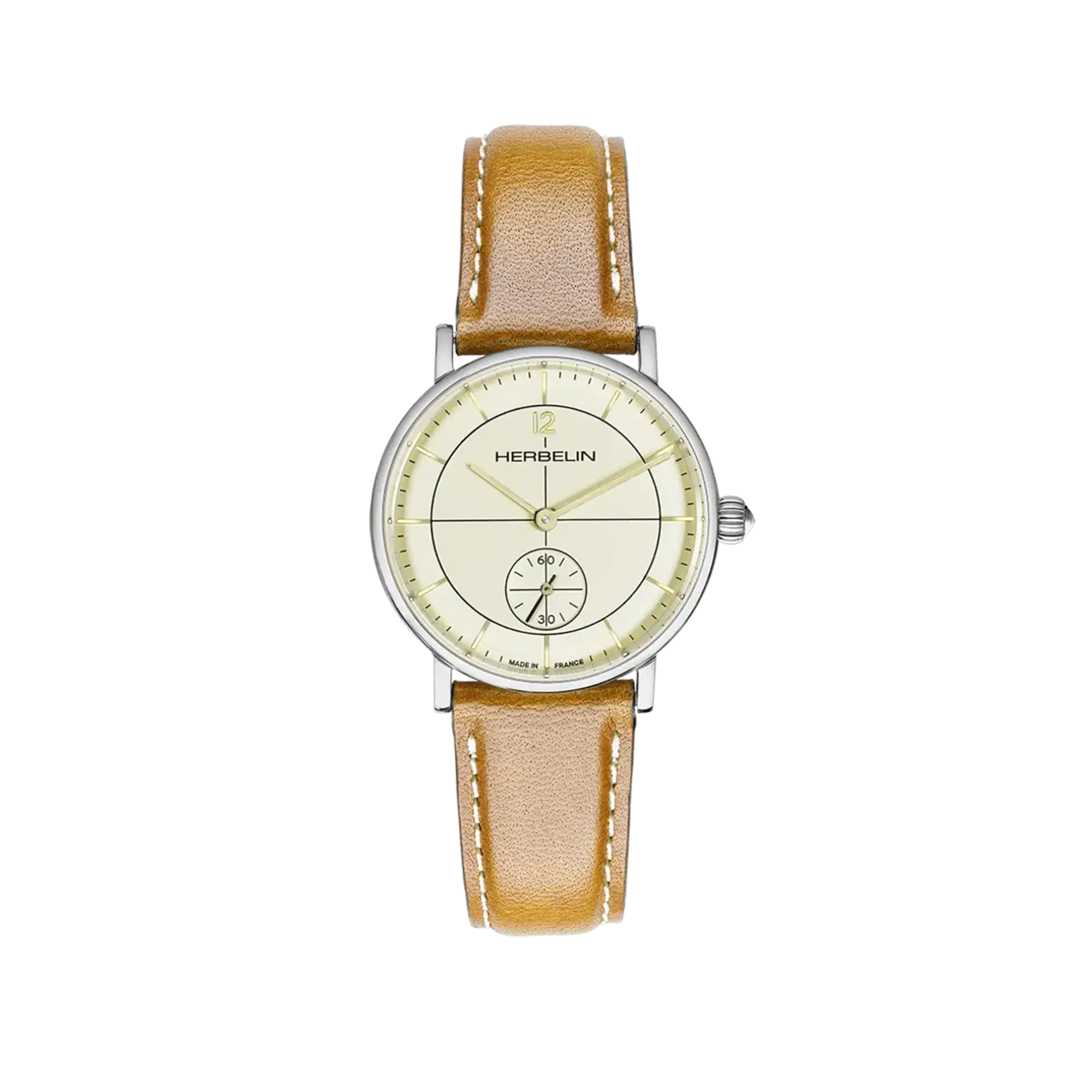 Inspiration, cadran coquille d'œuf, boîtier acier rond, bracelet cuir