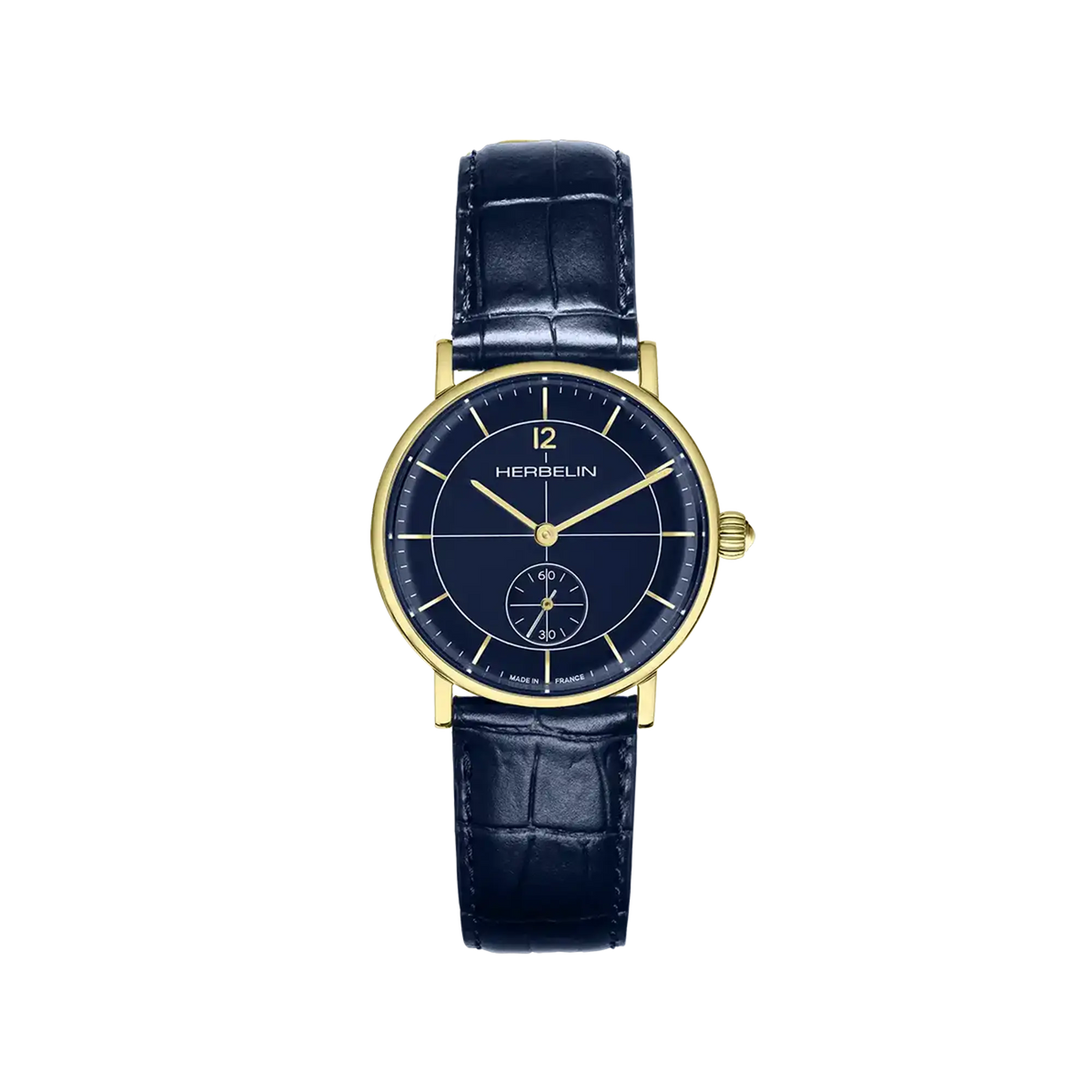 ⁣⁢Inspiration, esfera azul, caja de acero PVD oro amarillo redonda, brazalete de piel⁤⁣