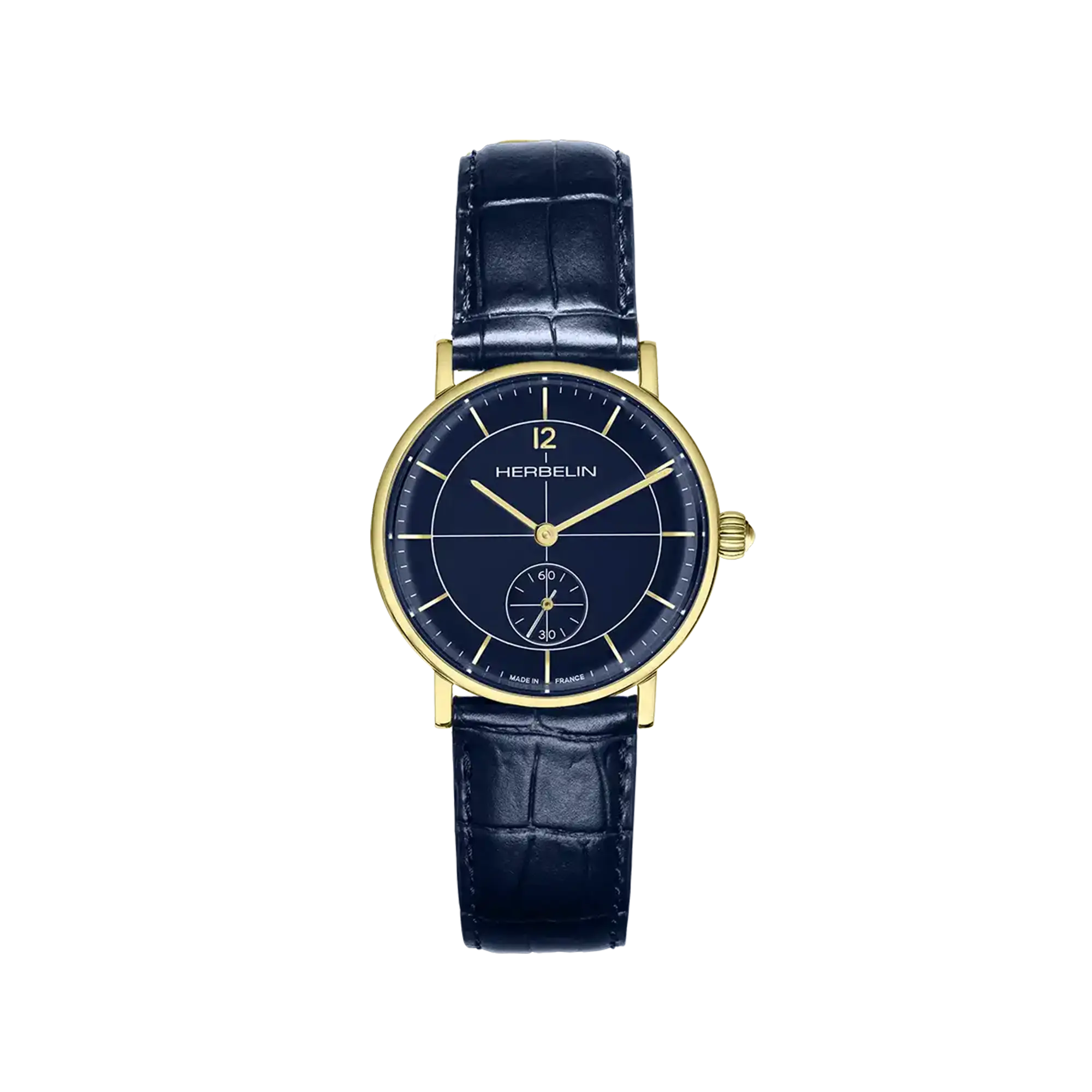 Inspiration, cadran bleu, boîtier acier PVD or jaune rond, bracelet cuir