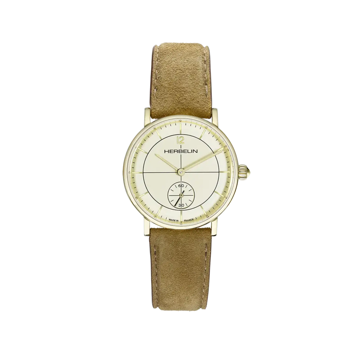 ⁣⁢Inspiration, esfera color marfil, caja redonda de acero PVD oro amarillo, brazalete de piel⁤⁣