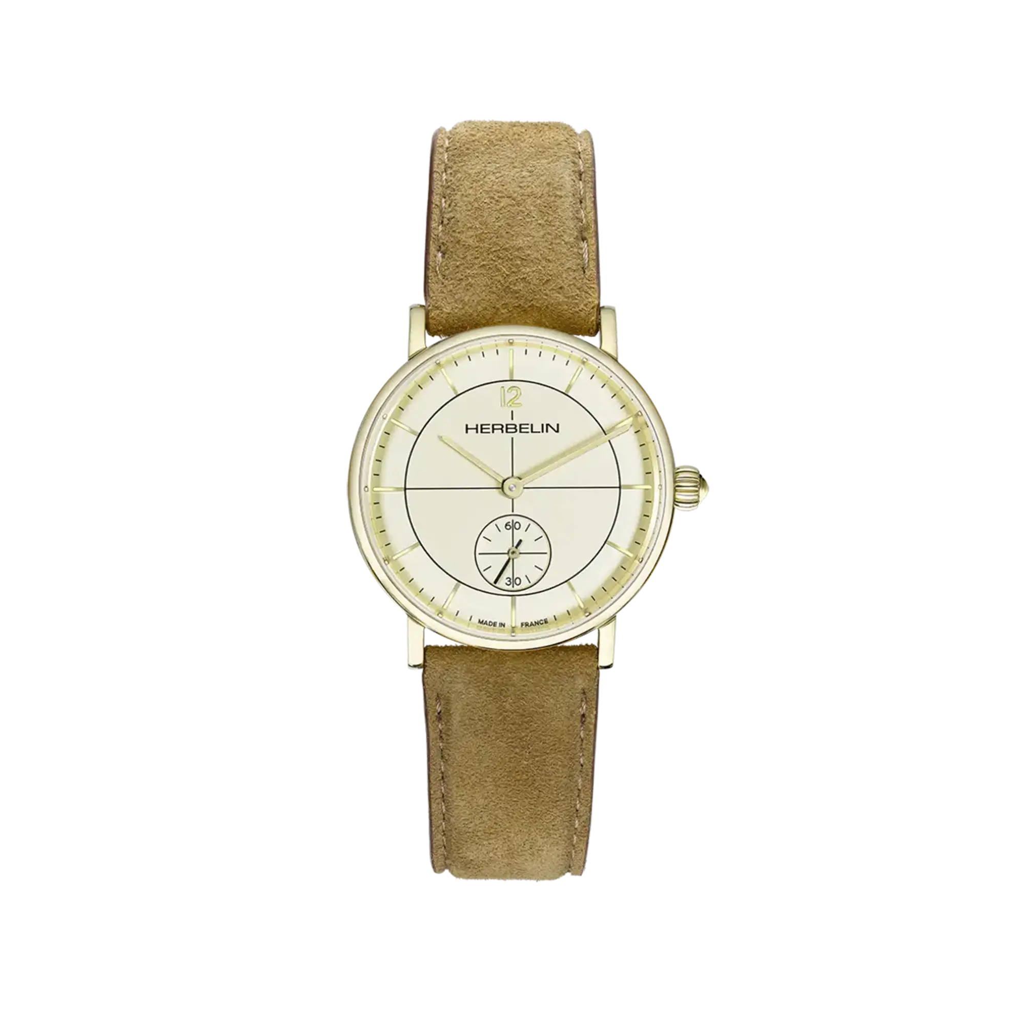 Inspiration, cadran coquille d'œuf, boîtier acier PVD or jaune rond, bracelet cuir