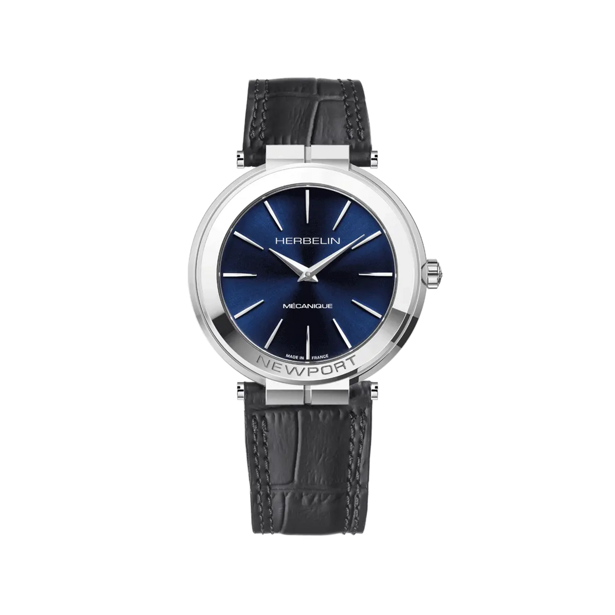 ⁣⁢Newport, esfera azul profundo, caja redonda de acero, brazalete de piel⁤⁣