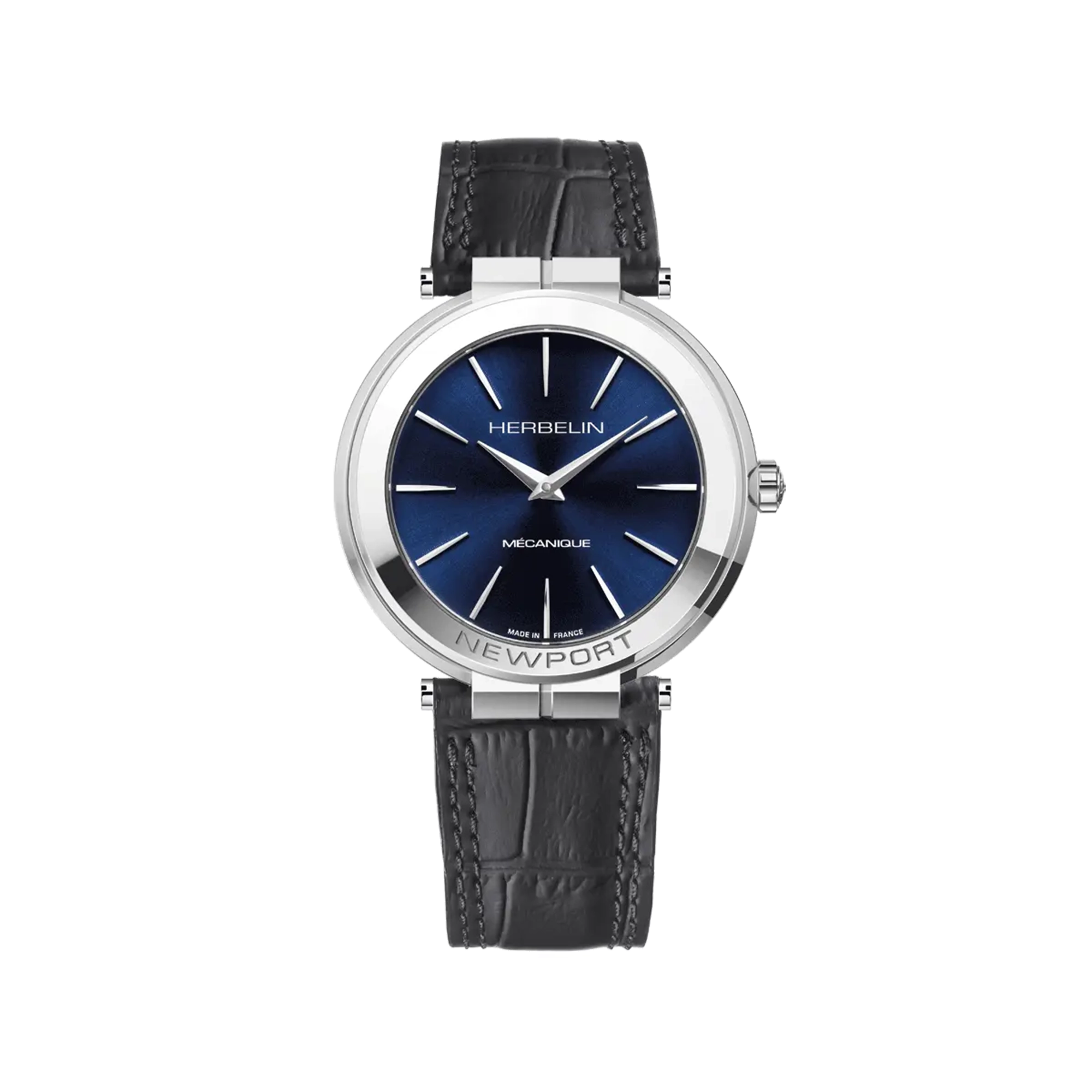 Newport, cadran bleu profond, boîtier acier rond, bracelet cuir