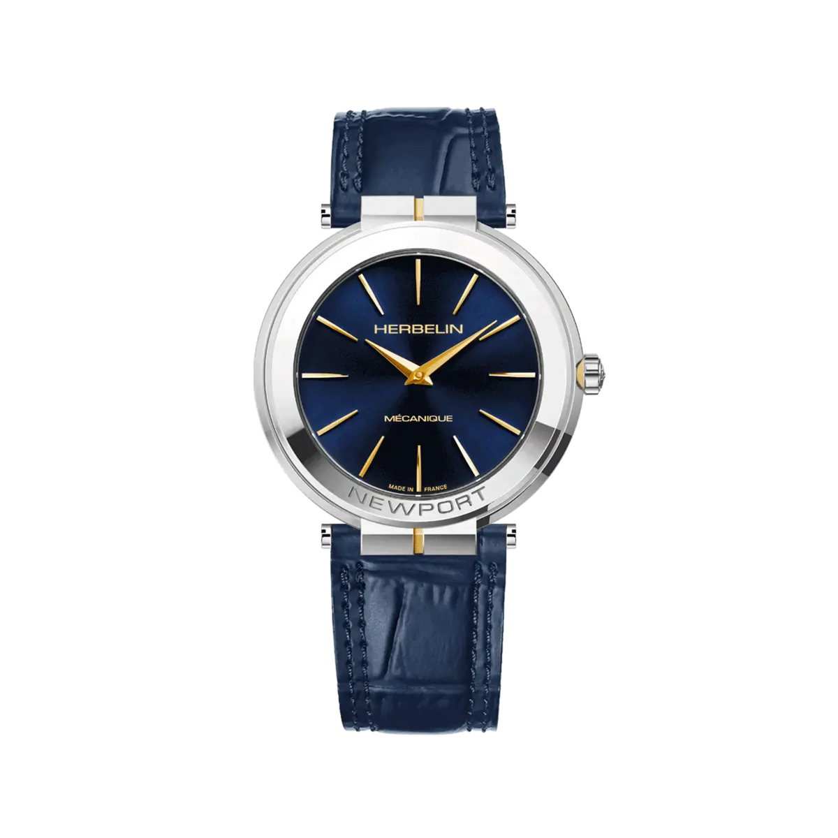 ⁣⁢Newport, esfera azul profundo, caja redonda de acero PVD oro amarillo, brazalete de piel⁤⁣