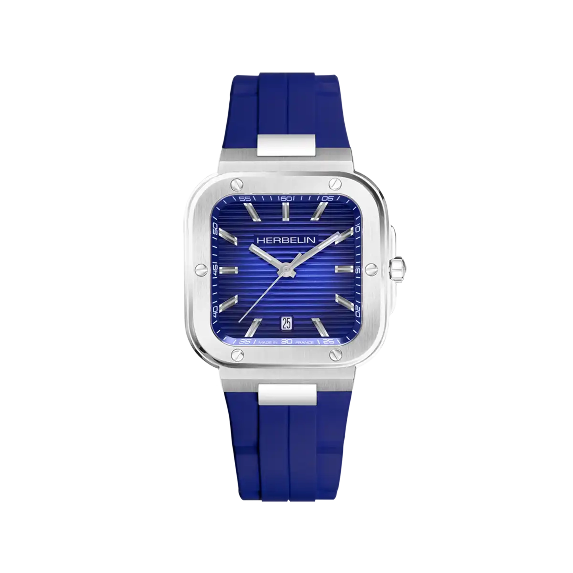 Cap Camarat, cadran bleu cobalt, boîtier carré acier, bracelet caoutchouc