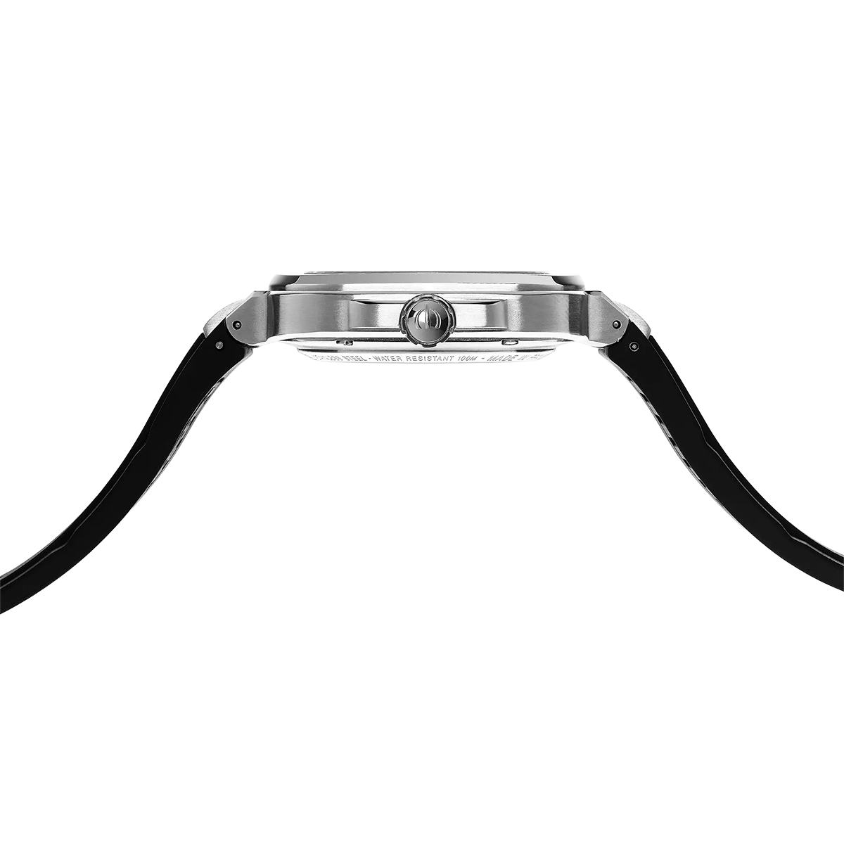 Vue de profil, tranche acier, couronne et attaches du bracelet caoutchouc