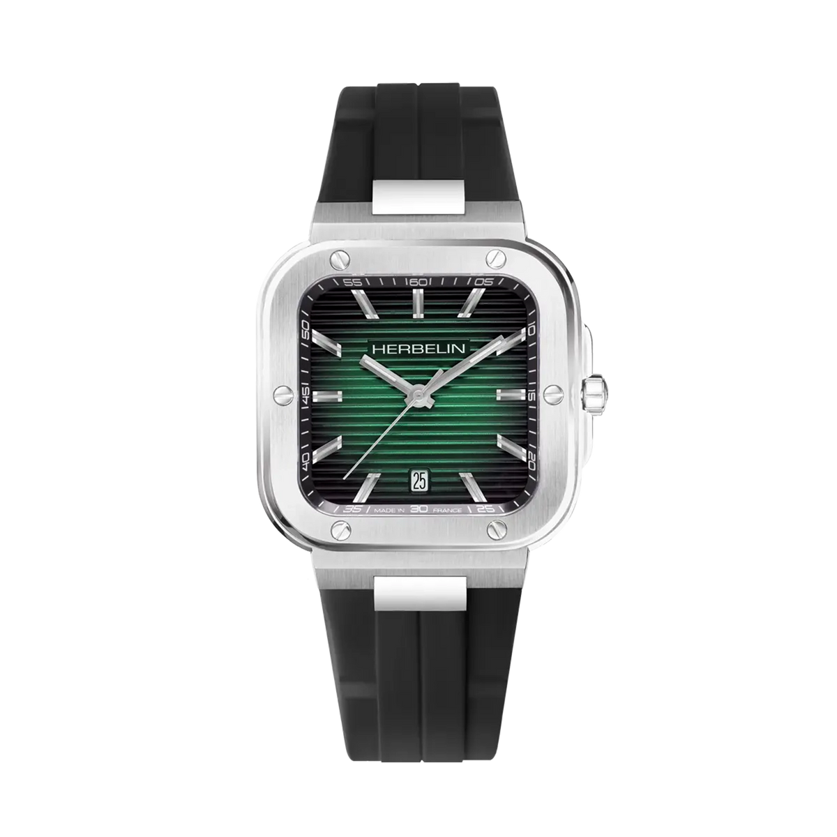 ⁣⁢Cap Camarat, esfera negra, caja cuadrada de acero, brazalete de caucho⁤⁣