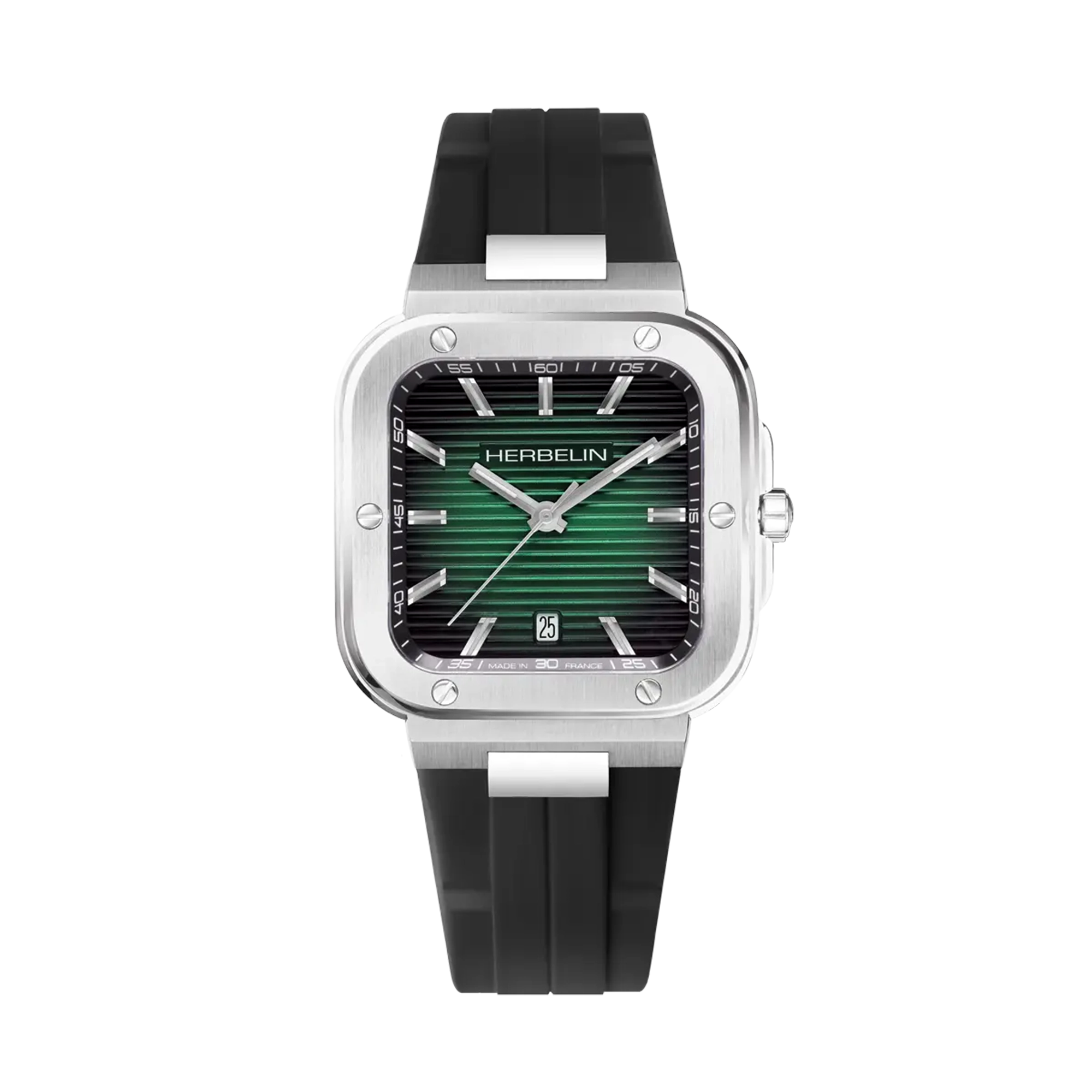 Cap Camarat, cadran noir, boîtier carré acier, bracelet caoutchouc
