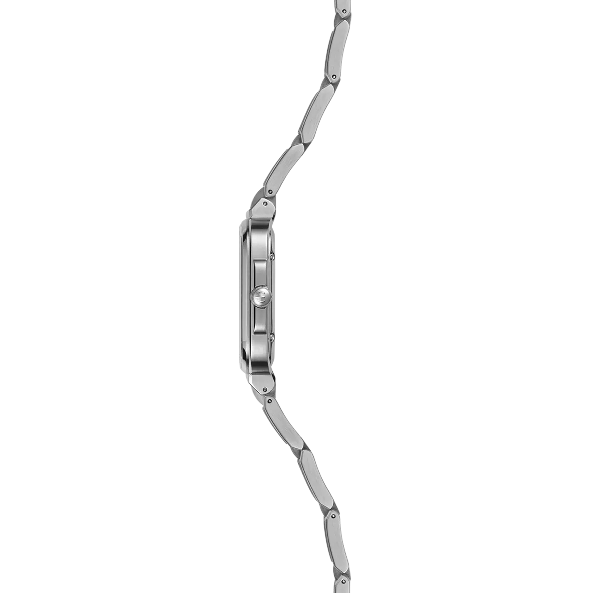 Vue de profil, tranche acier, couronne et attaches du bracelet acier