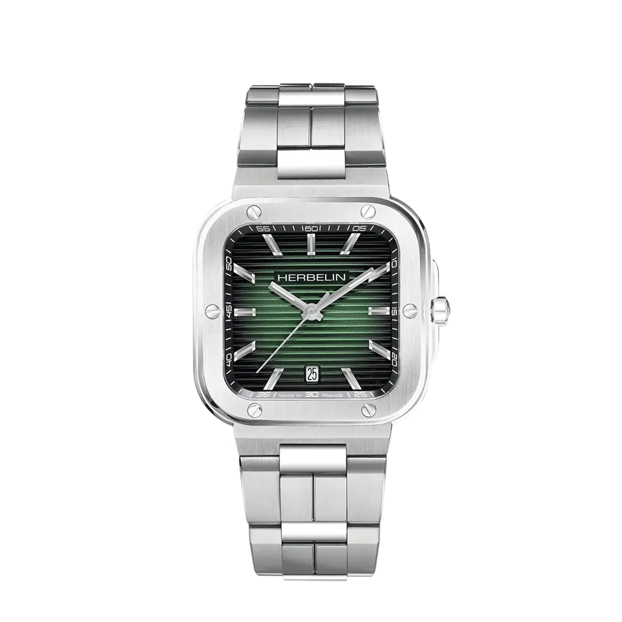 Cap Camarat, cadran noir, boîtier carré acier, bracelet acier