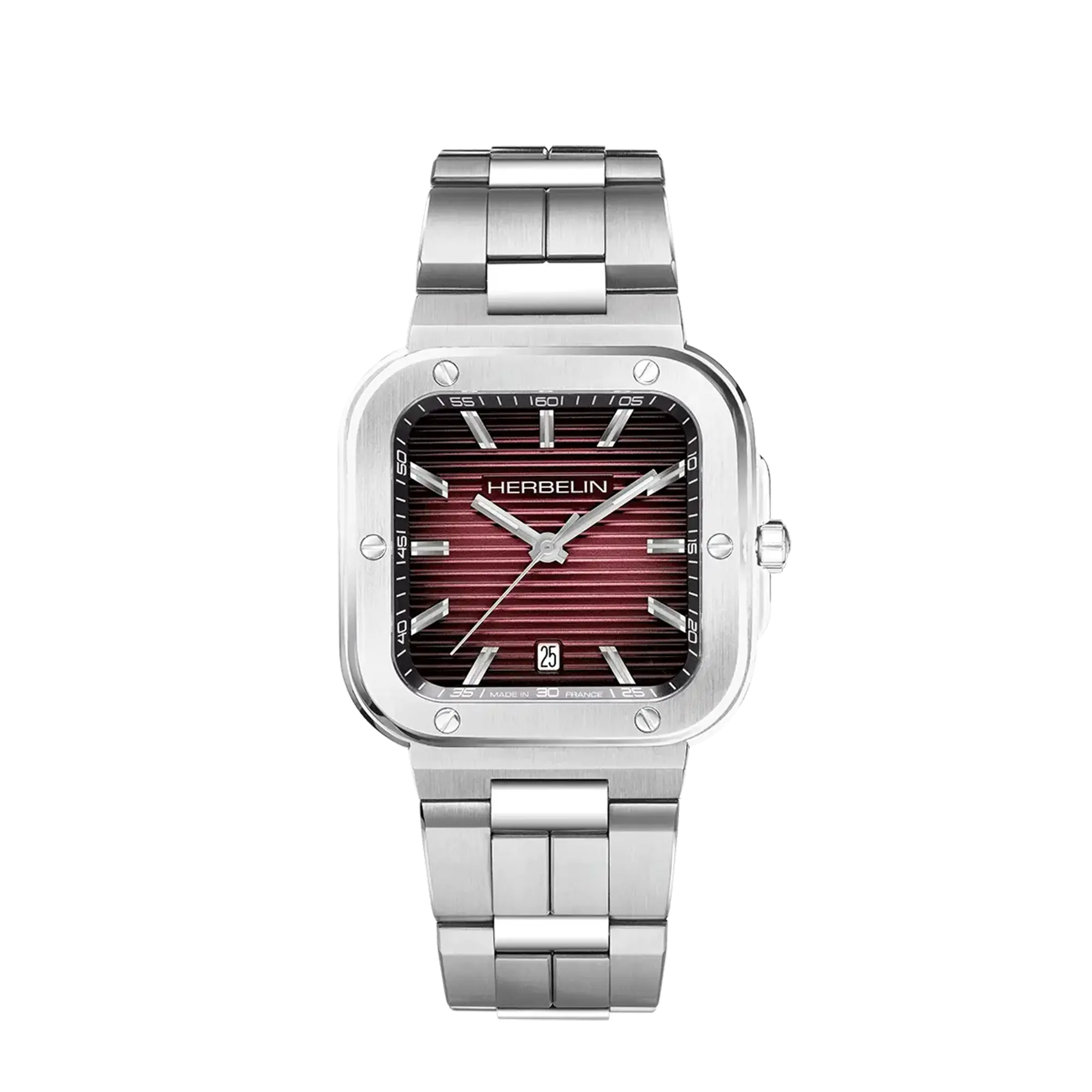Cap Camarat, cadran bordeaux dégradé, boîtier carré acier, bracelet acier
