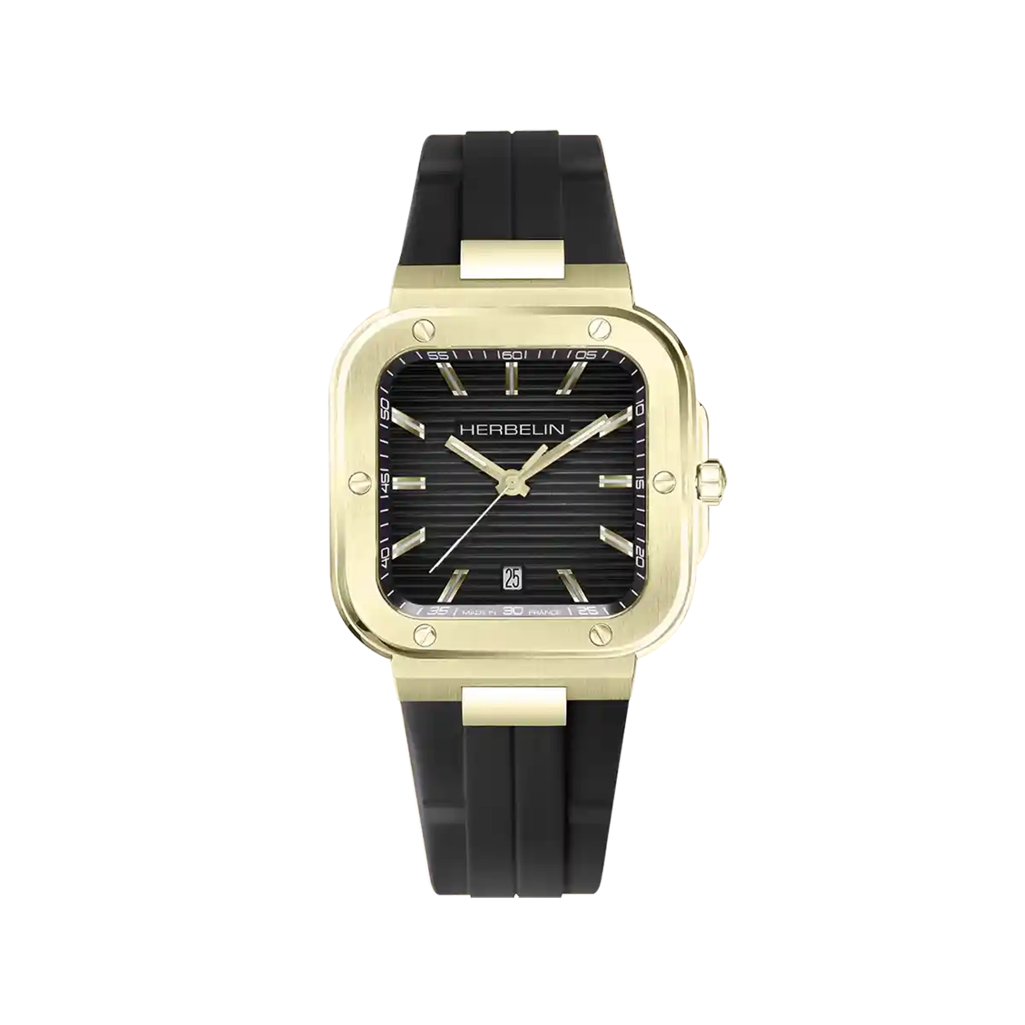 Cap Camarat, cadran noir, boîtier carré acier, bracelet caoutchouc