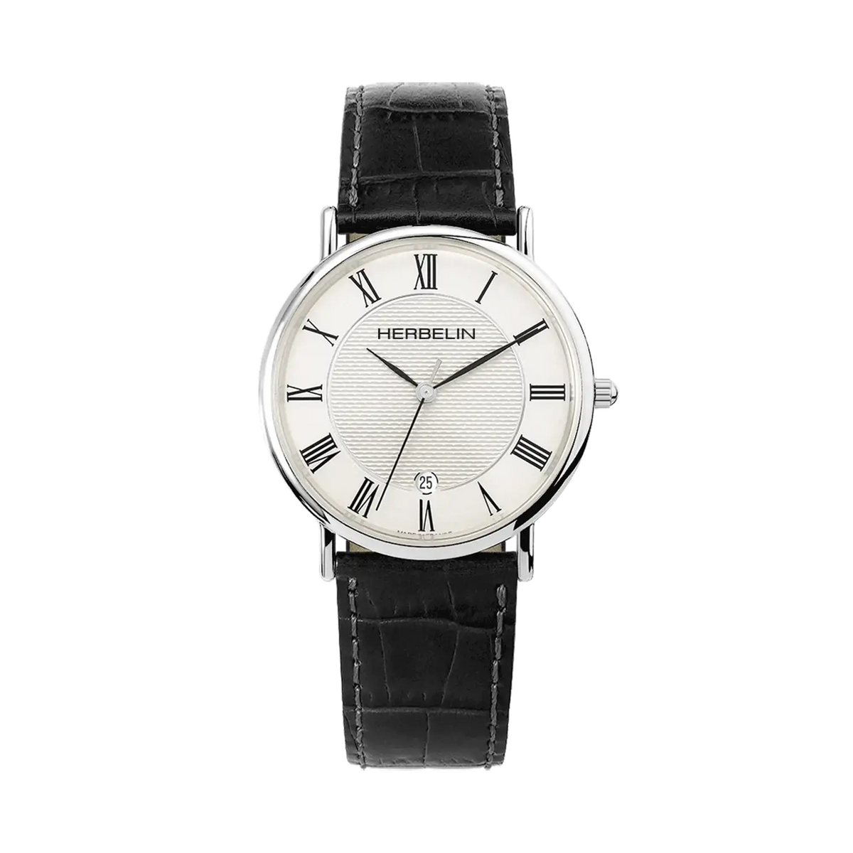 ⁣⁢Classique, zilverkleurige wijzerplaat met guilloché, ronde stalen kast, lederen band⁤⁣