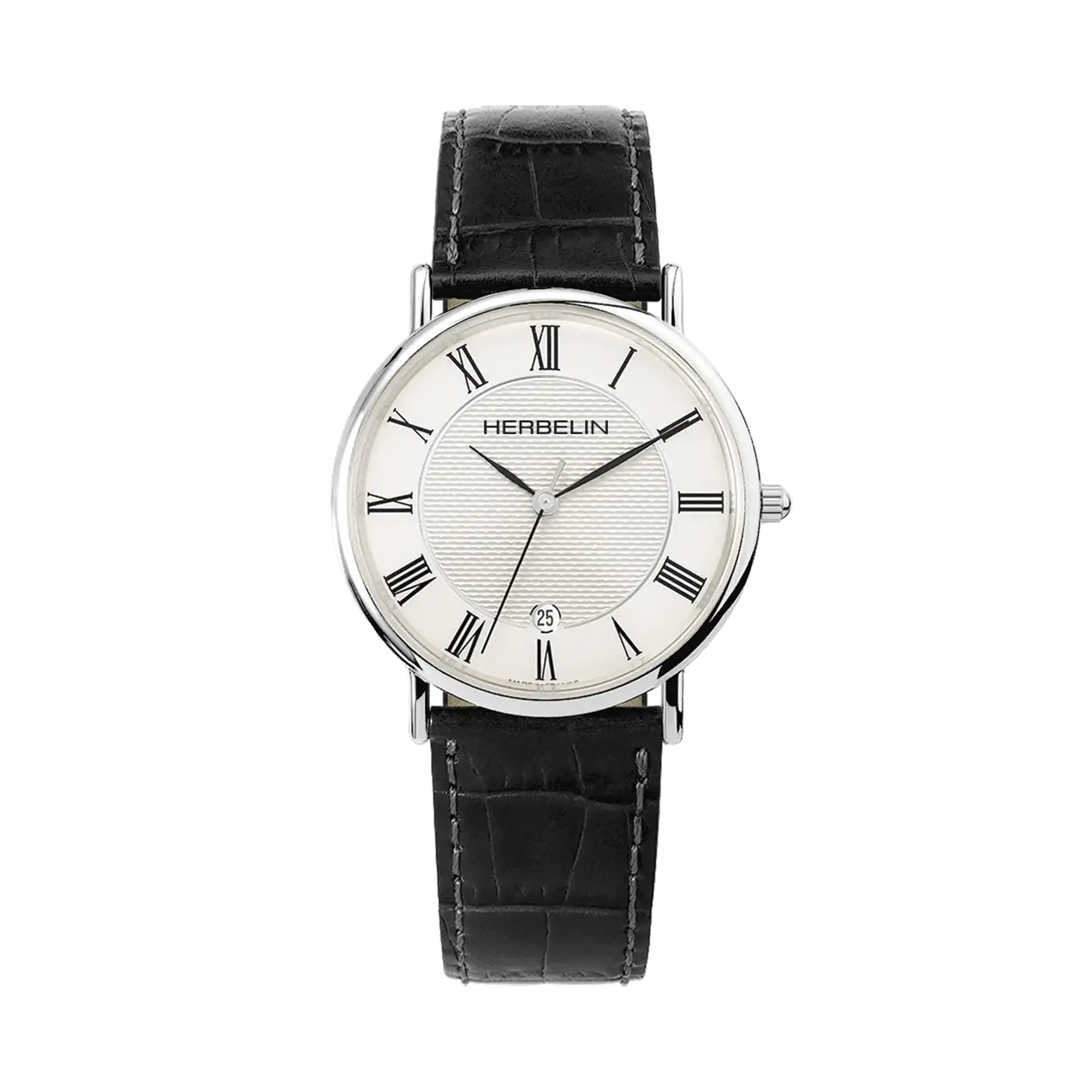 Classique, cadran argent guilloché, boîtier acier rond, bracelet cuir