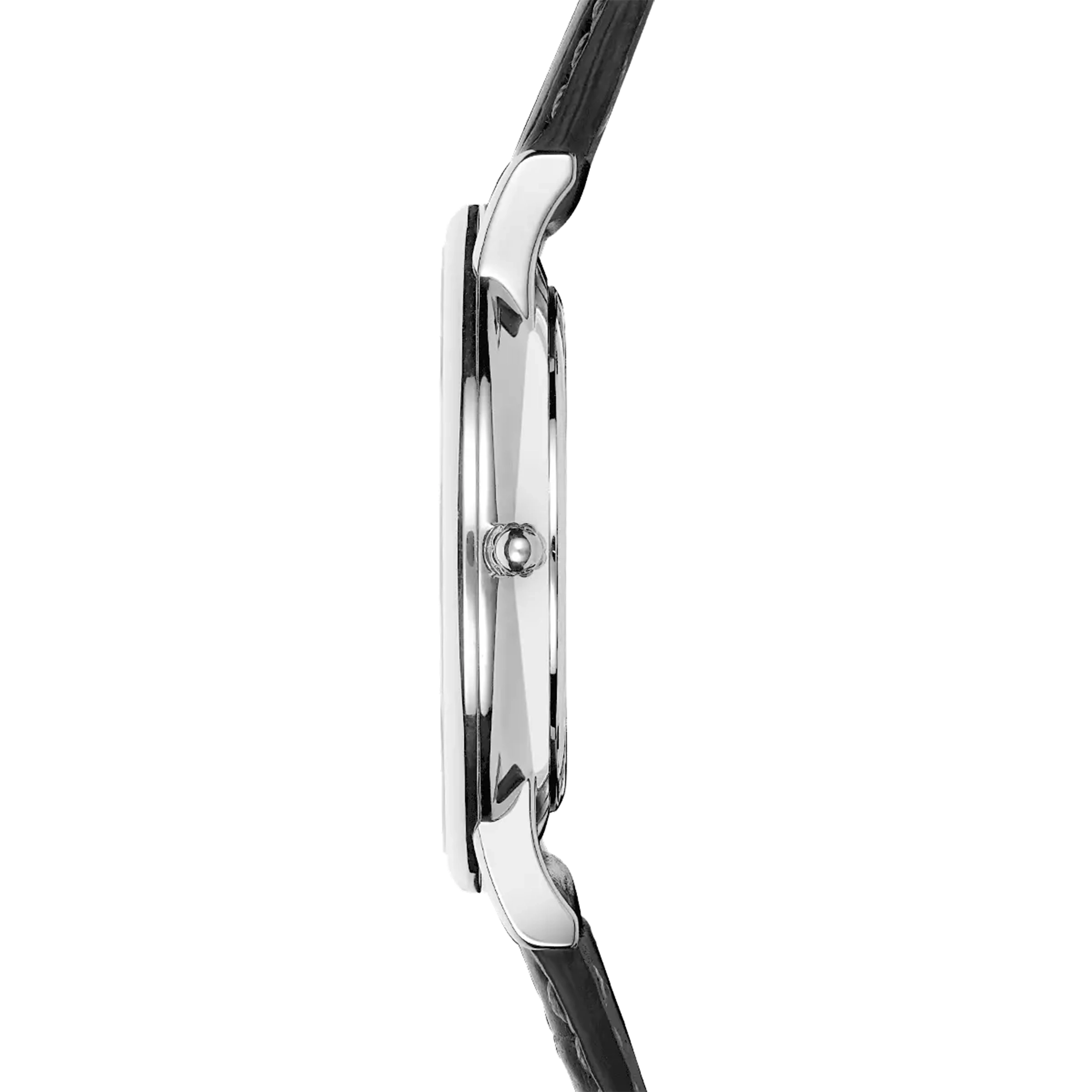 Vue de profil, tranche acier, couronne et attaches du bracelet cuir
