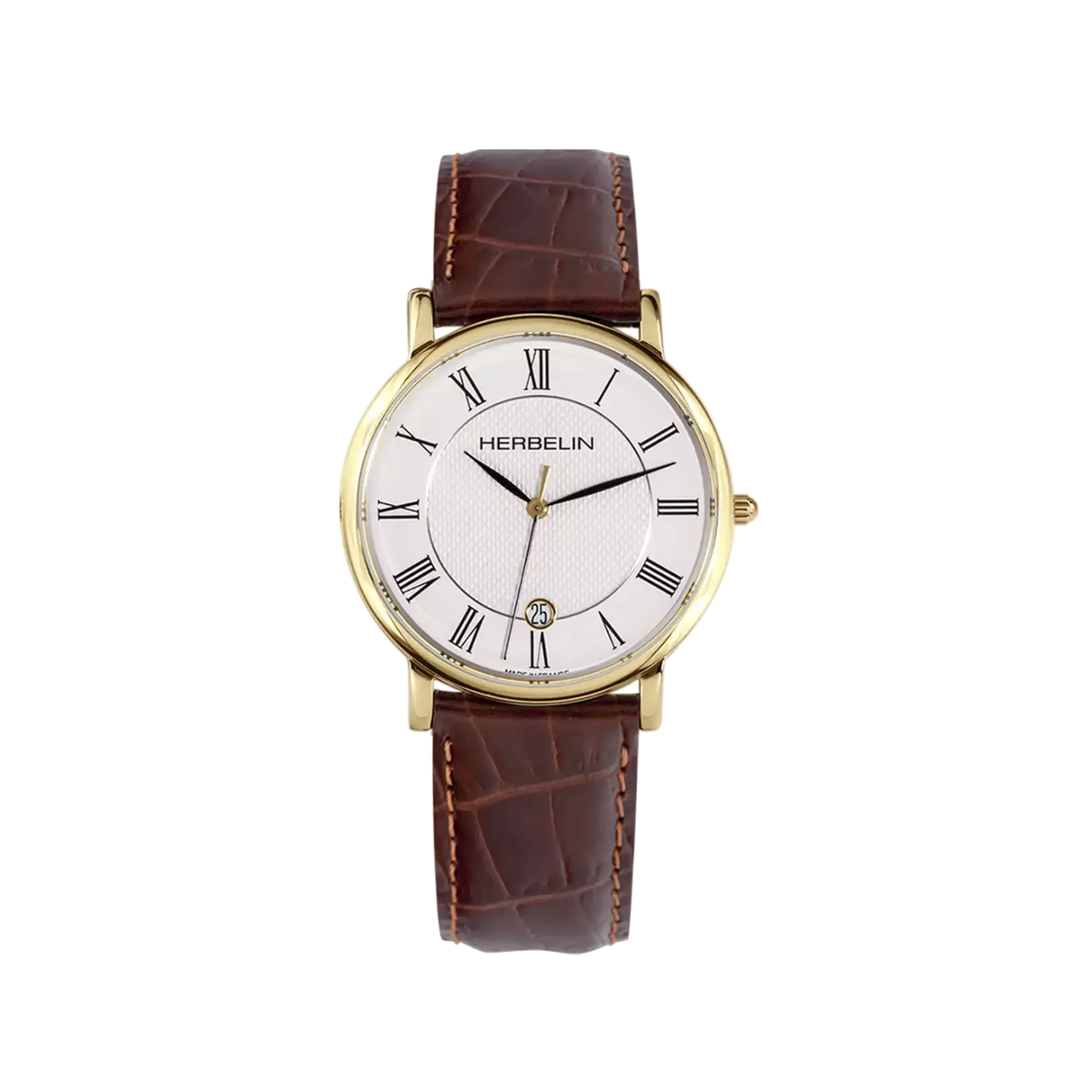 ⁣⁢Classique, zilverkleurige wijzerplaat met guilloché, ronde stalen kast met geelgouden PVD, lederen band⁤⁣