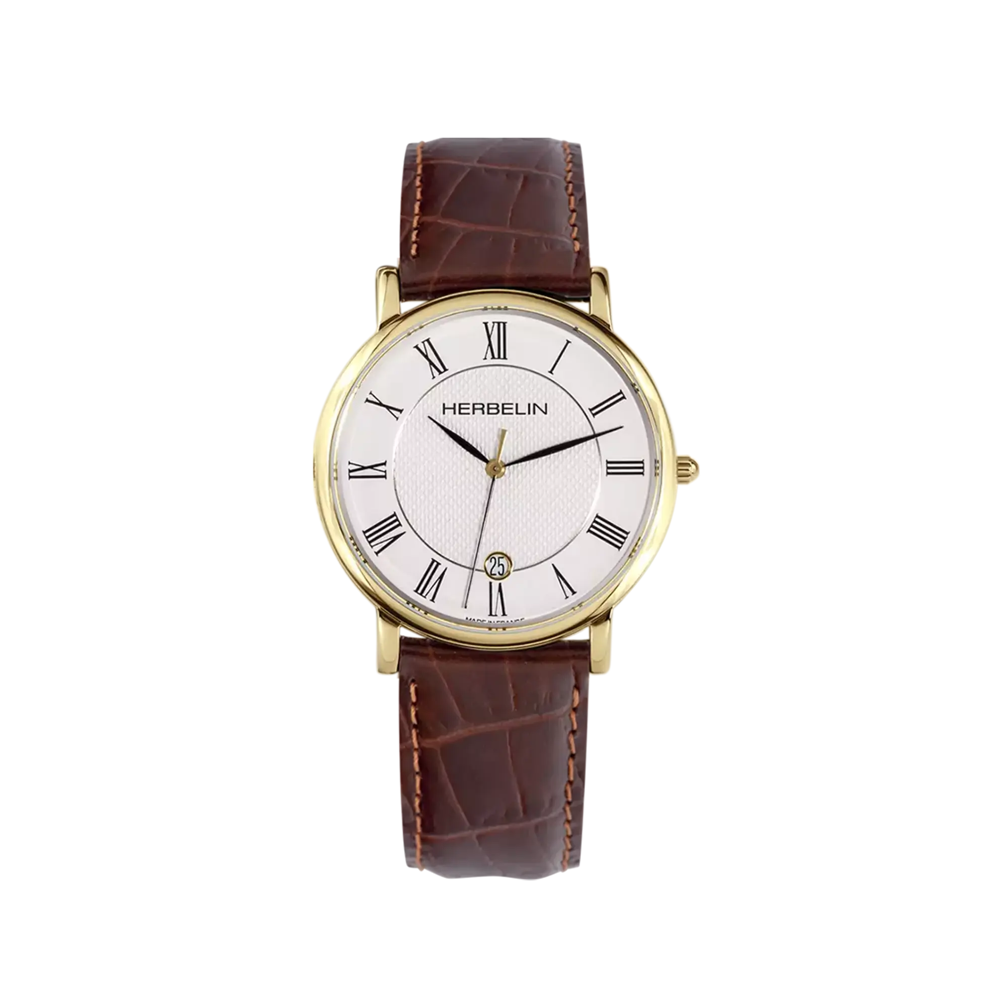 Classique, cadran argent guilloché, boîtier acier PVD or jaune rond, bracelet cuir