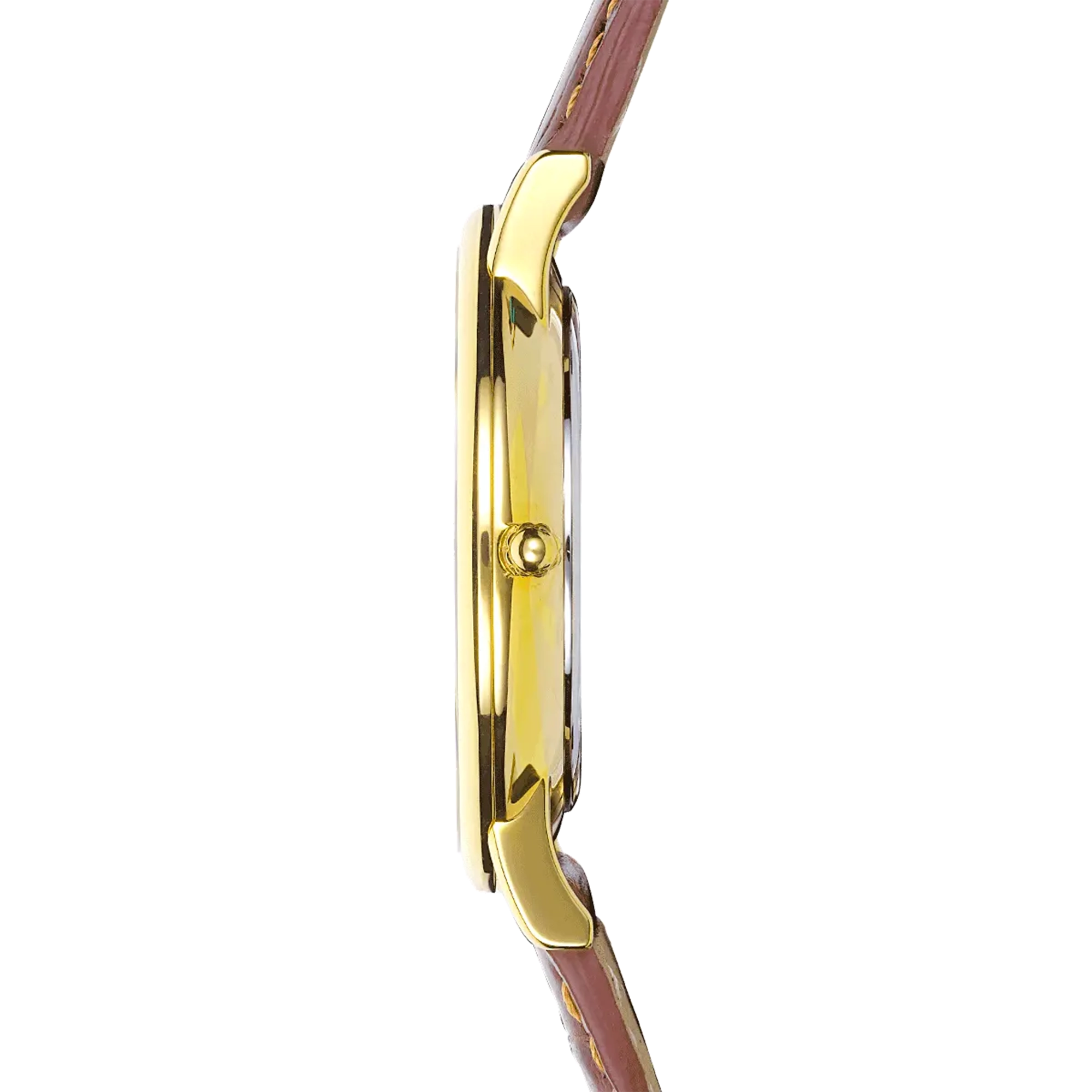 Vue de profil, tranche acier PVD or jaune, couronne et attaches du bracelet cuir