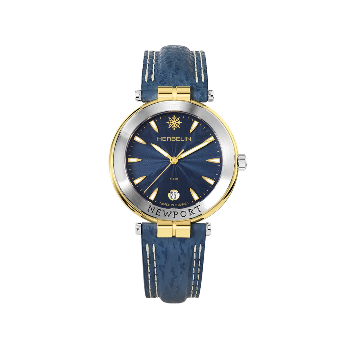 ⁣⁢Newport, blauwe guilloché wijzerplaat, ronde roestvrijstalen PVD geelgouden kast, lederen band⁤⁣