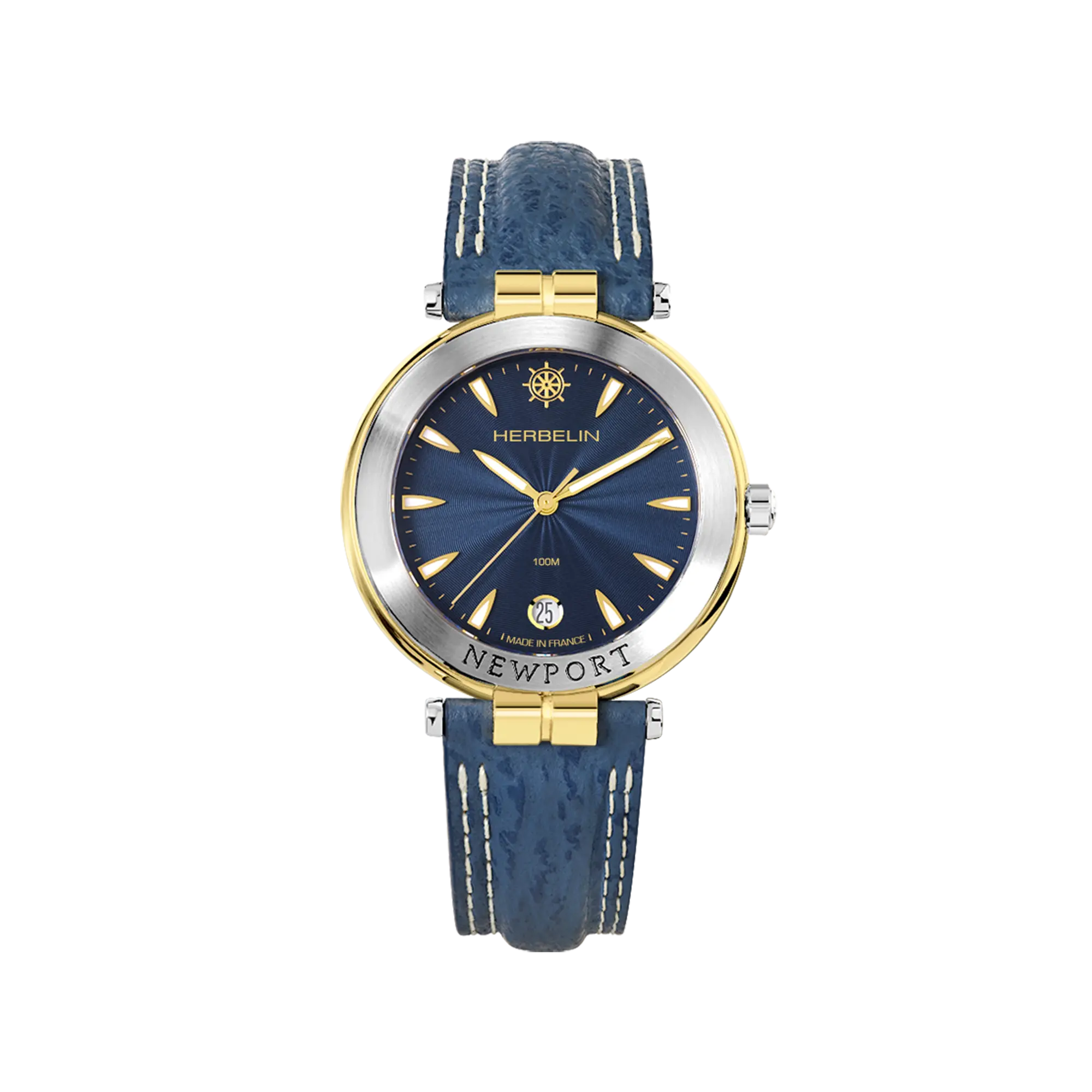 Newport, cadran bleu guilloché, boîtier acier PVD or jaune rond, bracelet cuir
