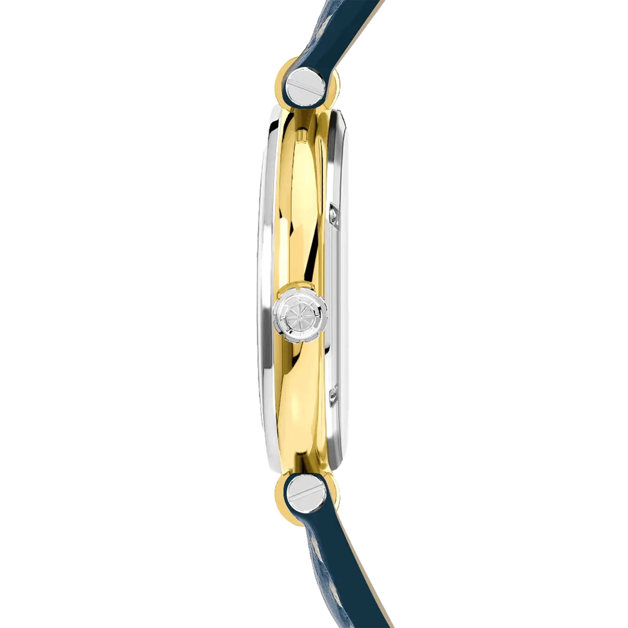 Vue de profil, tranche acier PVD or jaune, couronne et attaches du bracelet cuir